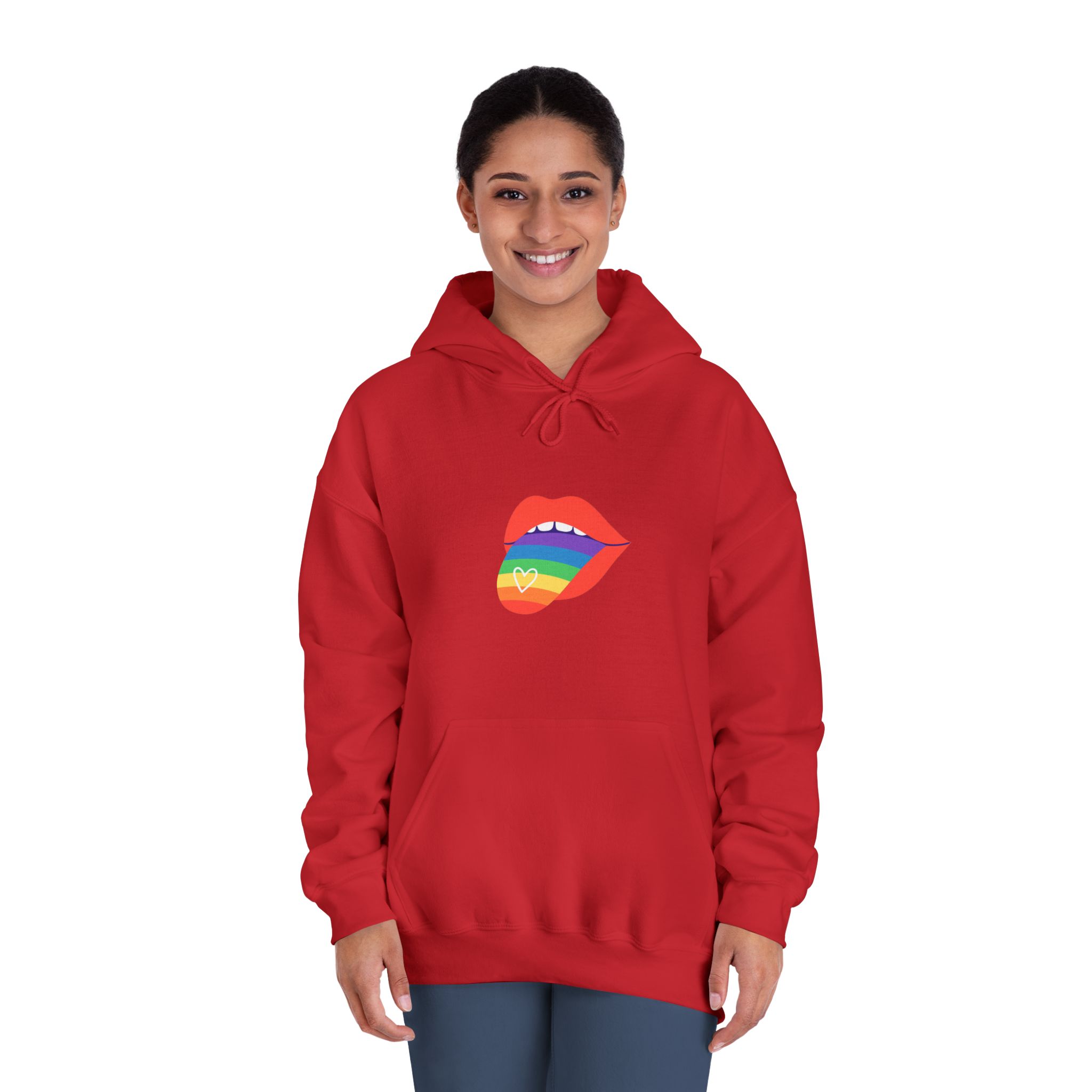 Open Red Lips With Rainbow Tongue Hand Drawn Vector Illustration Unisex Dryblend Hooded Sweatshirt - Image 36