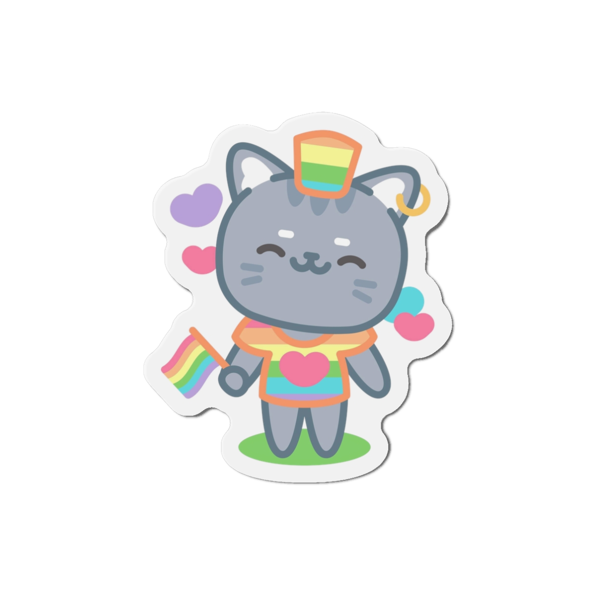Cute Grey Cat With Rainbow Pride Flag Heart Illustration Die Cut Magnets - Image 4