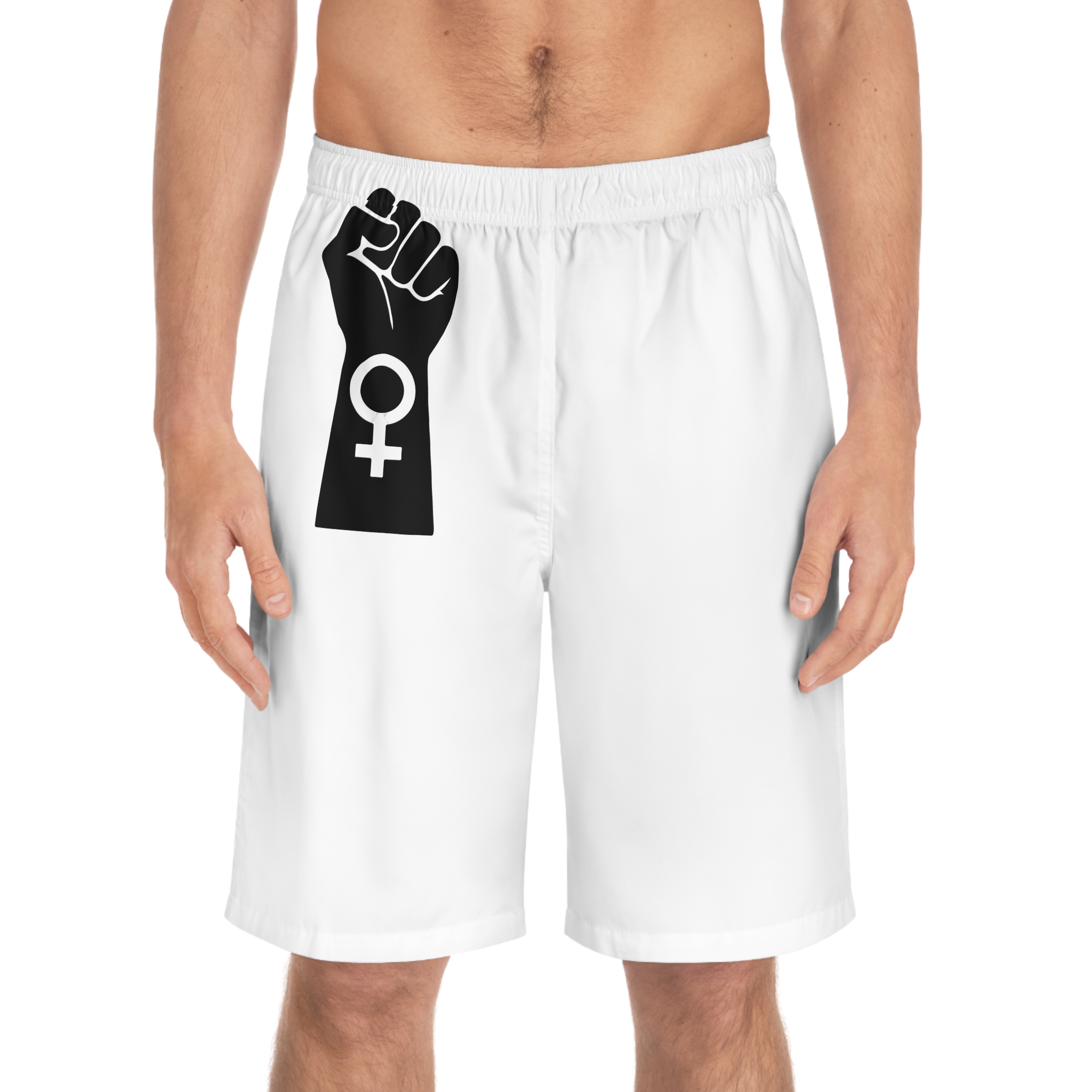 Symbol Feminist Movement Woman Hand With Her Fist Raised Up Girl Power Happy Womens Day Mens Board Shorts Aop - Image 3