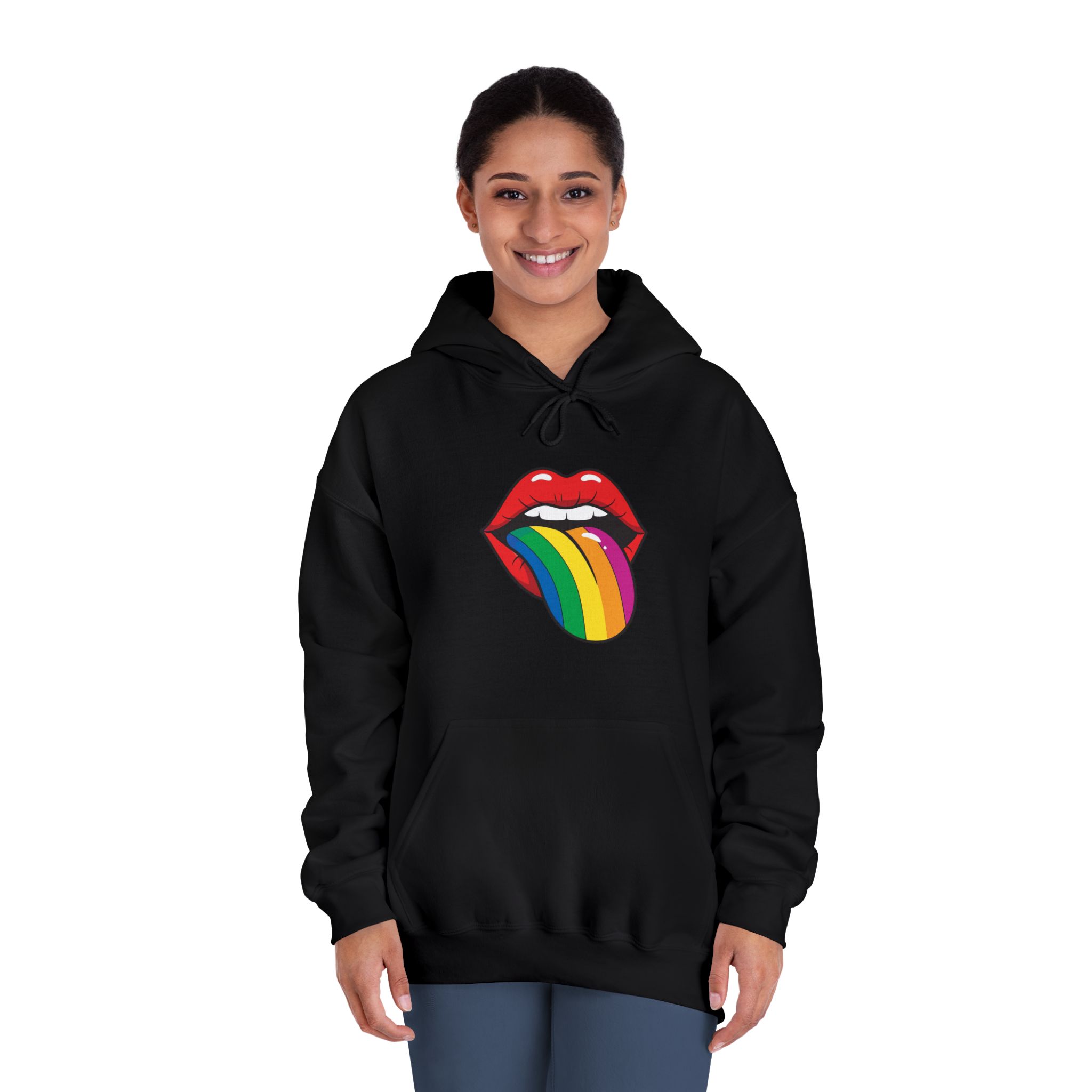 Pop Art Illustration Open Red Lips With Long Colorful Rainbow Tongue Sticking Out Now Unisex Dryblend Hooded Sweatshirt - Image 12
