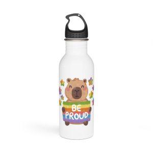 Cute Capybara Holding Be Proud Rainbow Flag Illustration Stainless Steel Water Bottle