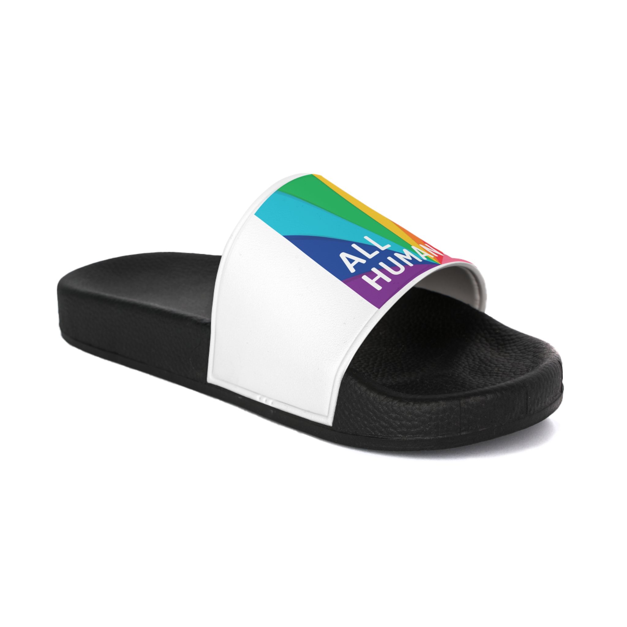 Rainbow Colored Background With All Humans Concept Pride Month Mens Slide Sandals - Image 2