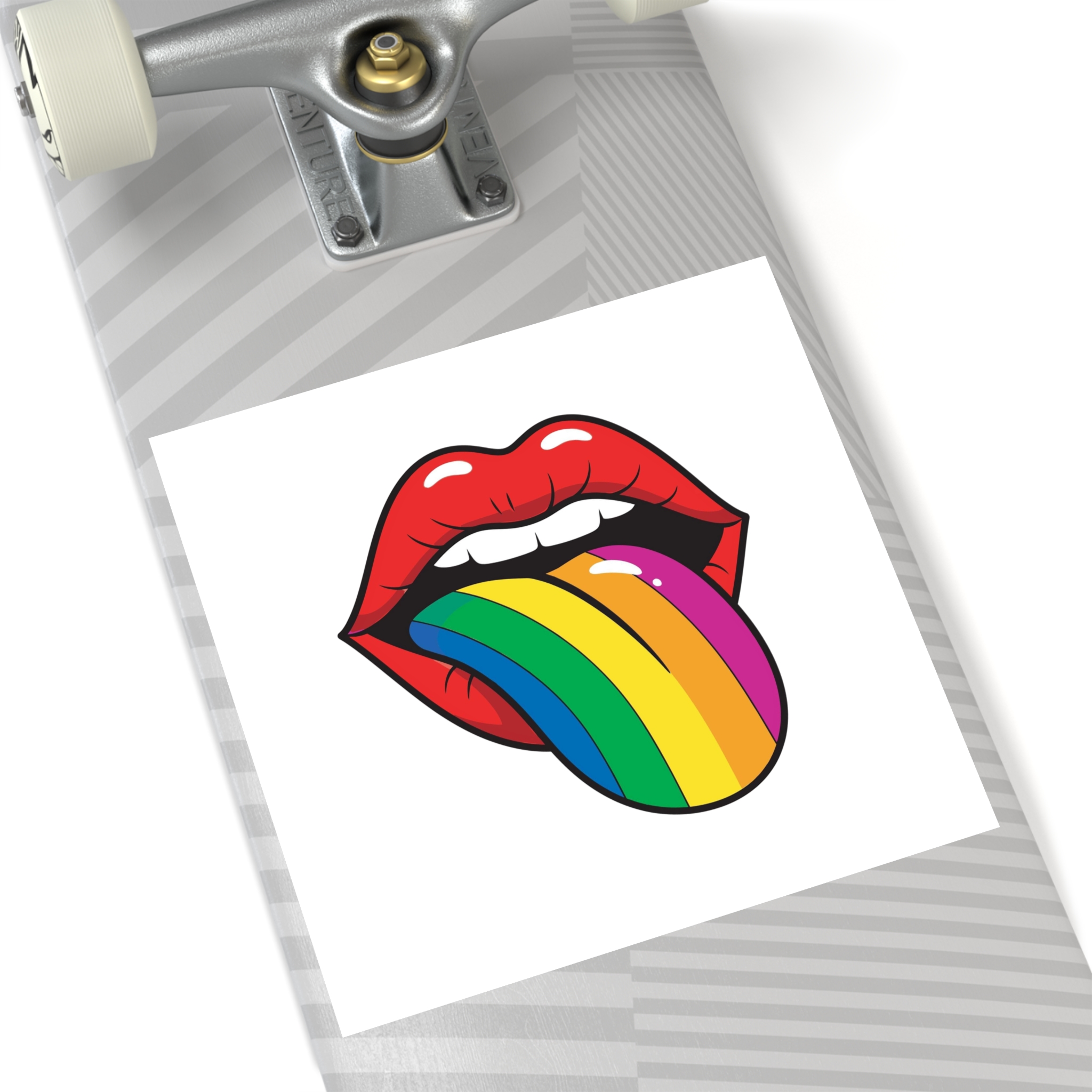 Pop Art Illustration Open Red Lips With Long Colorful Rainbow Tongue Sticking Out Now Laminate Stickers Square - Image 80