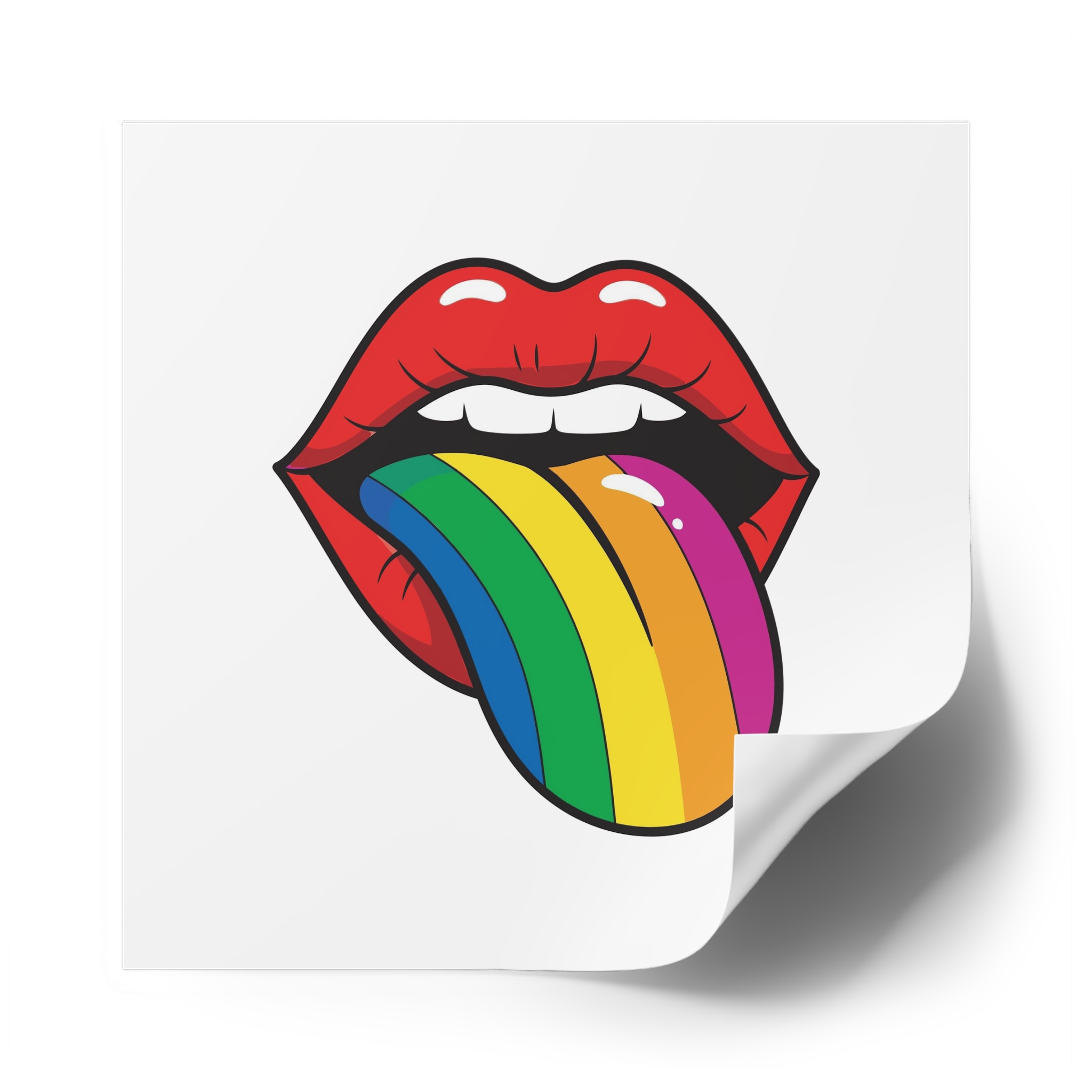 Pop Art Illustration Open Red Lips With Long Colorful Rainbow Tongue Sticking Out Now Laminate Stickers Square - Image 58