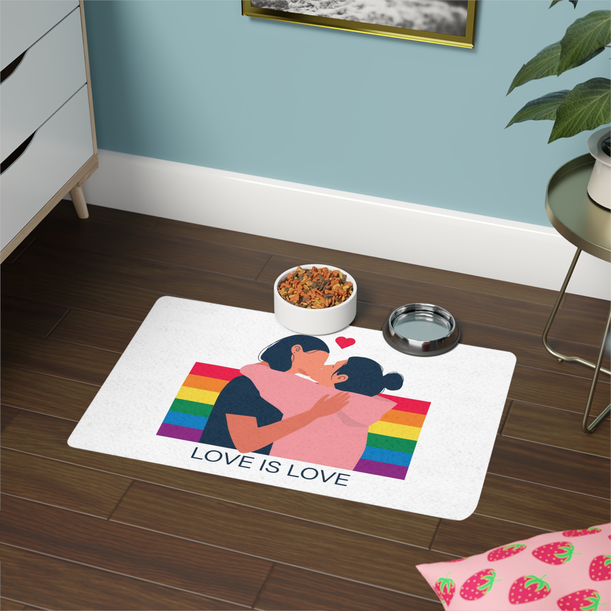 Lesbian Couple Kissing Hugging Rainbow Flag Love Is Love Pet Food Mat 12x18 - Image 4