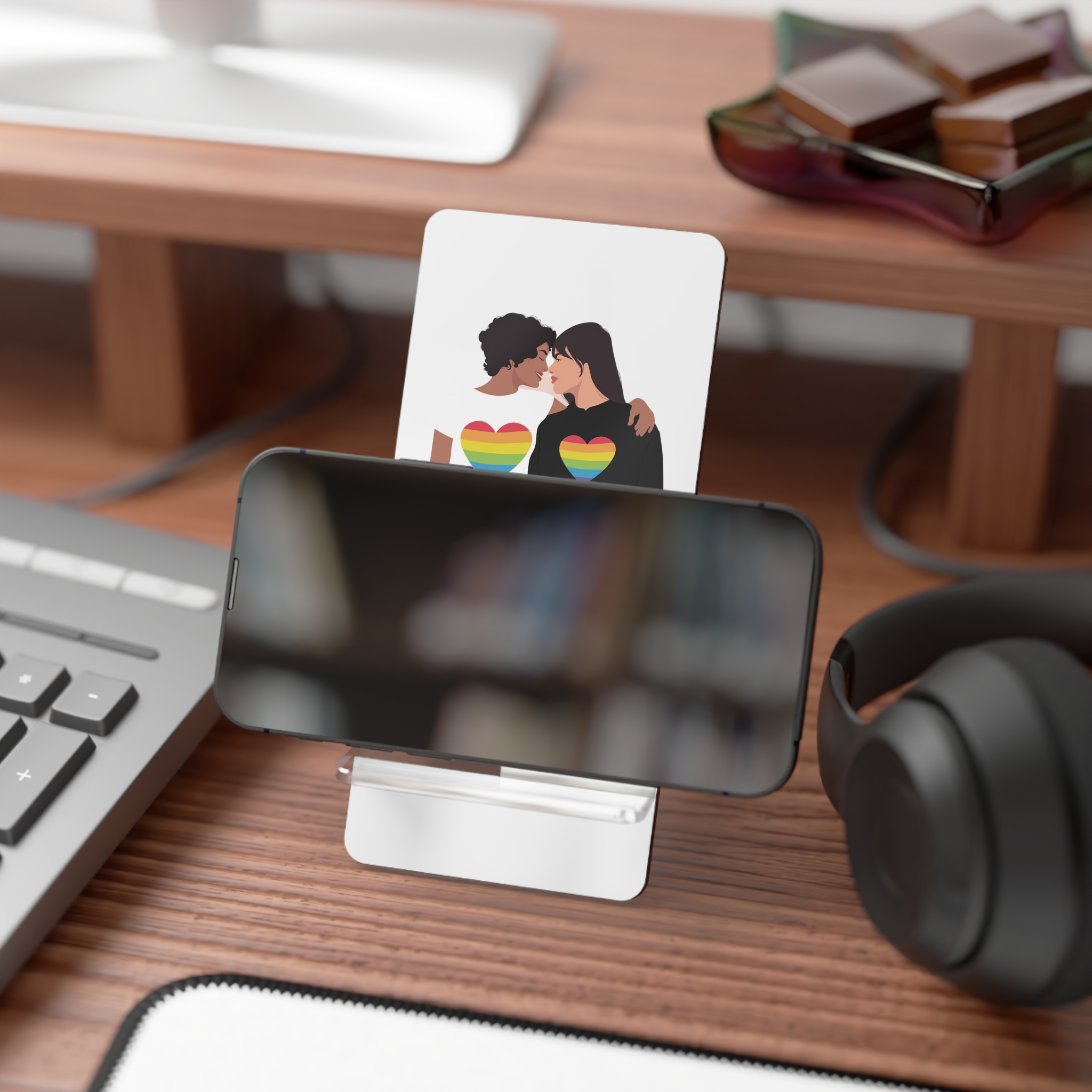 Embracing Lgbt Couple Couple Girls Love Smiling Each Other Mobile Display Stand For Smartphones - Image 4
