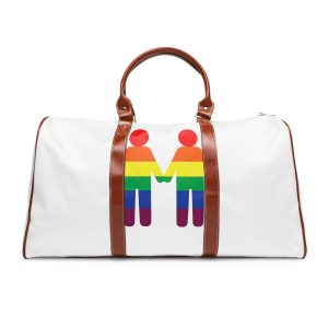 Gay Couple Holding Hands With Rainbow Color Background Vector Waterproof Travel Bag