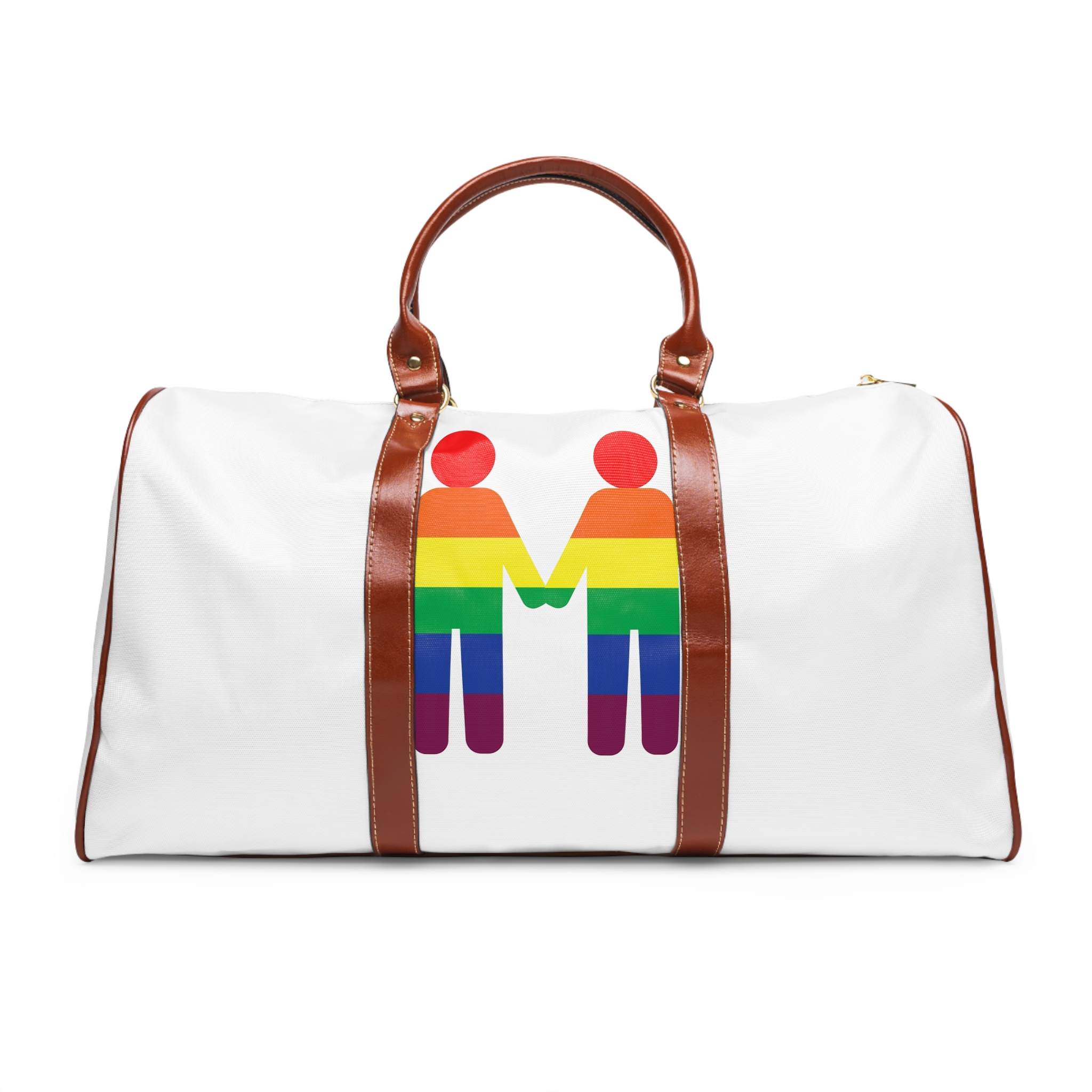 Gay Couple Holding Hands With Rainbow Color Background Vector Waterproof Travel Bag