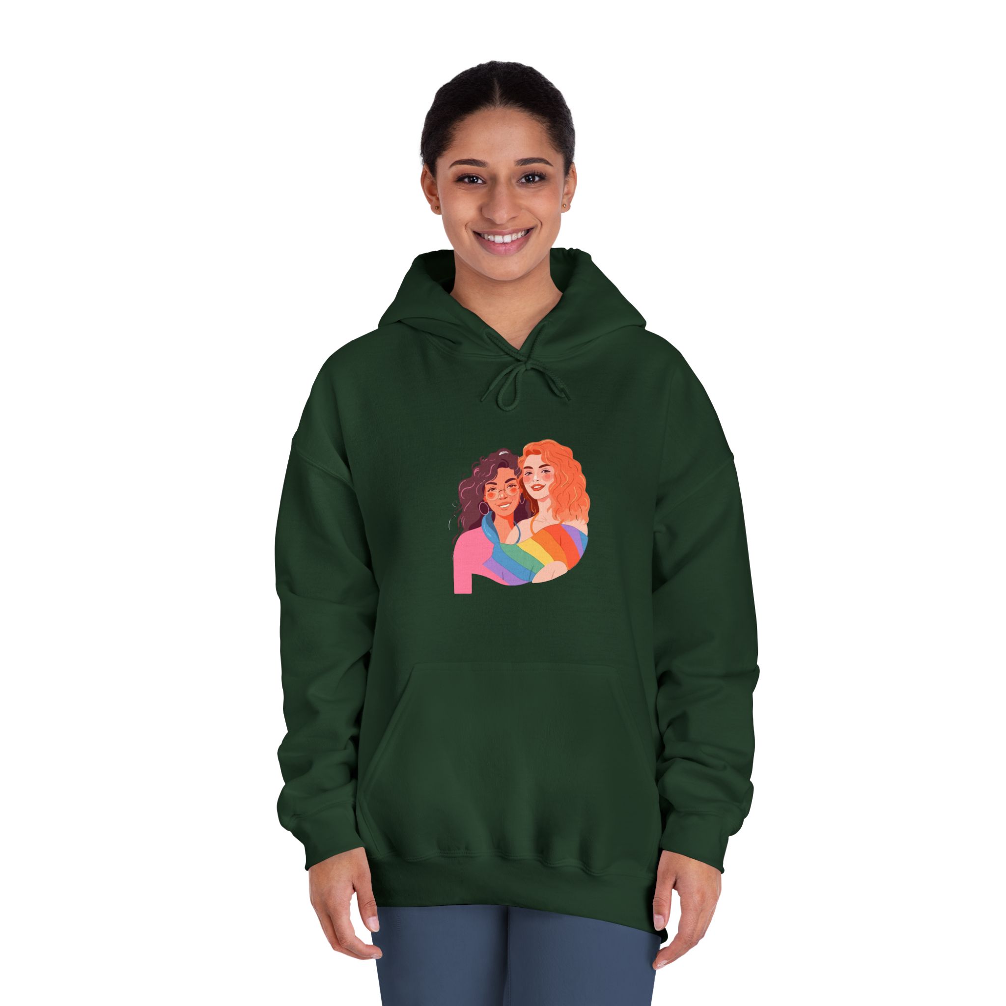 Portrait Lesbian Couple With Rainbow Flag Concept Lgbtq Illustration Couple Unisex Dryblend Hooded Sweatshirt - Image 24