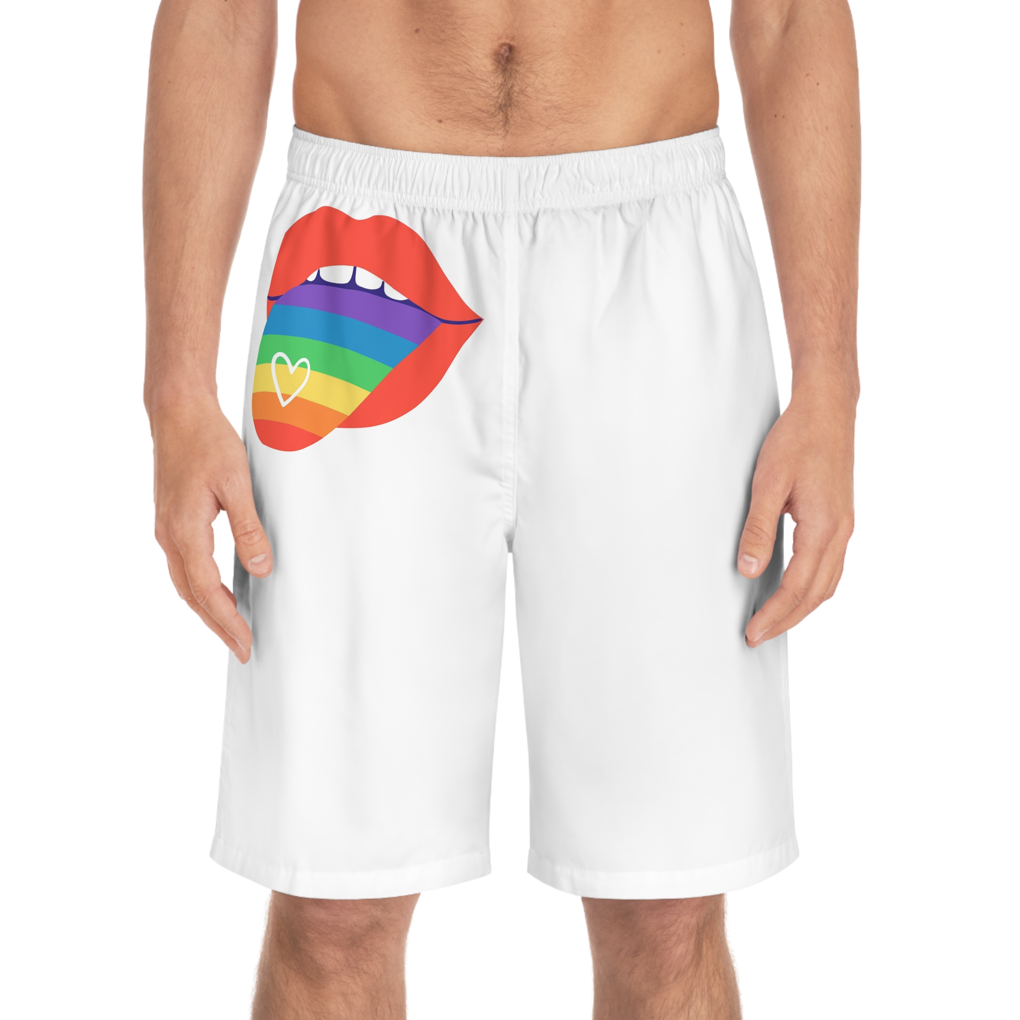 Open Red Lips With Rainbow Tongue Hand Drawn Vector Illustration Mens Board Shorts Aop - Image 3