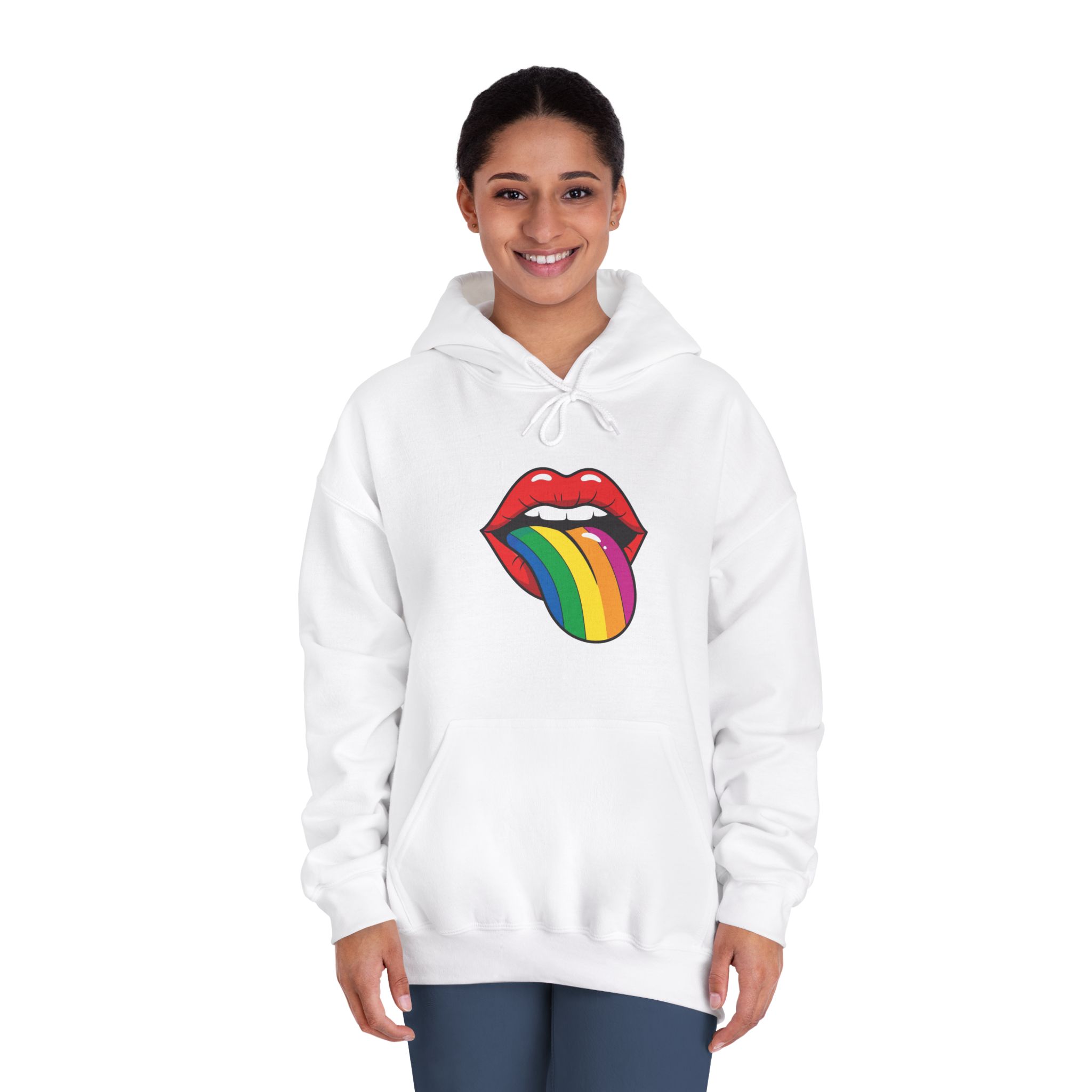 Pop Art Illustration Open Red Lips With Long Colorful Rainbow Tongue Sticking Out Now Unisex Dryblend Hooded Sweatshirt - Image 4