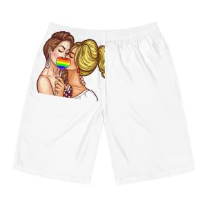 Vector Pop Art Lesbian Couple Kissing Covering Their Lips With Sign Stick Form Rainbow Heart Mens Board Shorts Aop