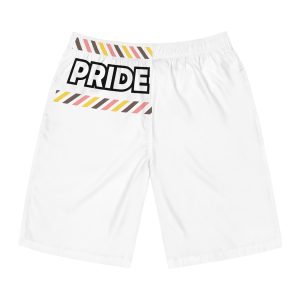 Bold P R I D E Word Graphic With Fill Colorful Diagonal Stripes Pride Text Mens Board Shorts Aop