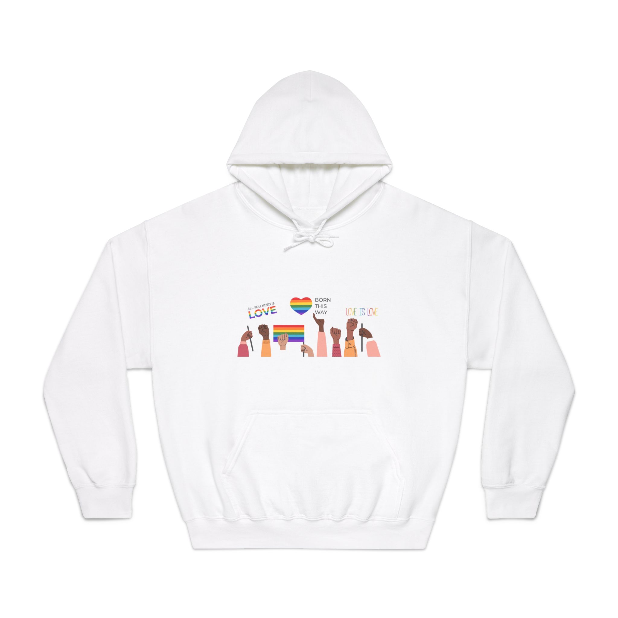 People Holding Lgbt Posters Symbols Signs Flags With Rainbows Pride Month Human Rights Love Is Love Unisex Dryblend Hooded Sweatshirt