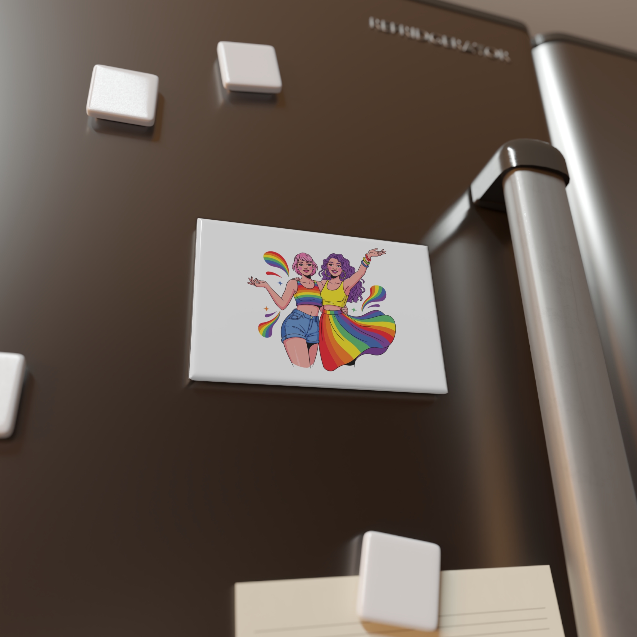 Two Happy Women Celebrating Diversity Pride With Rainbow Colors Splashes Button Magnet Rectangle 1 And 10 Pcs - Image 4
