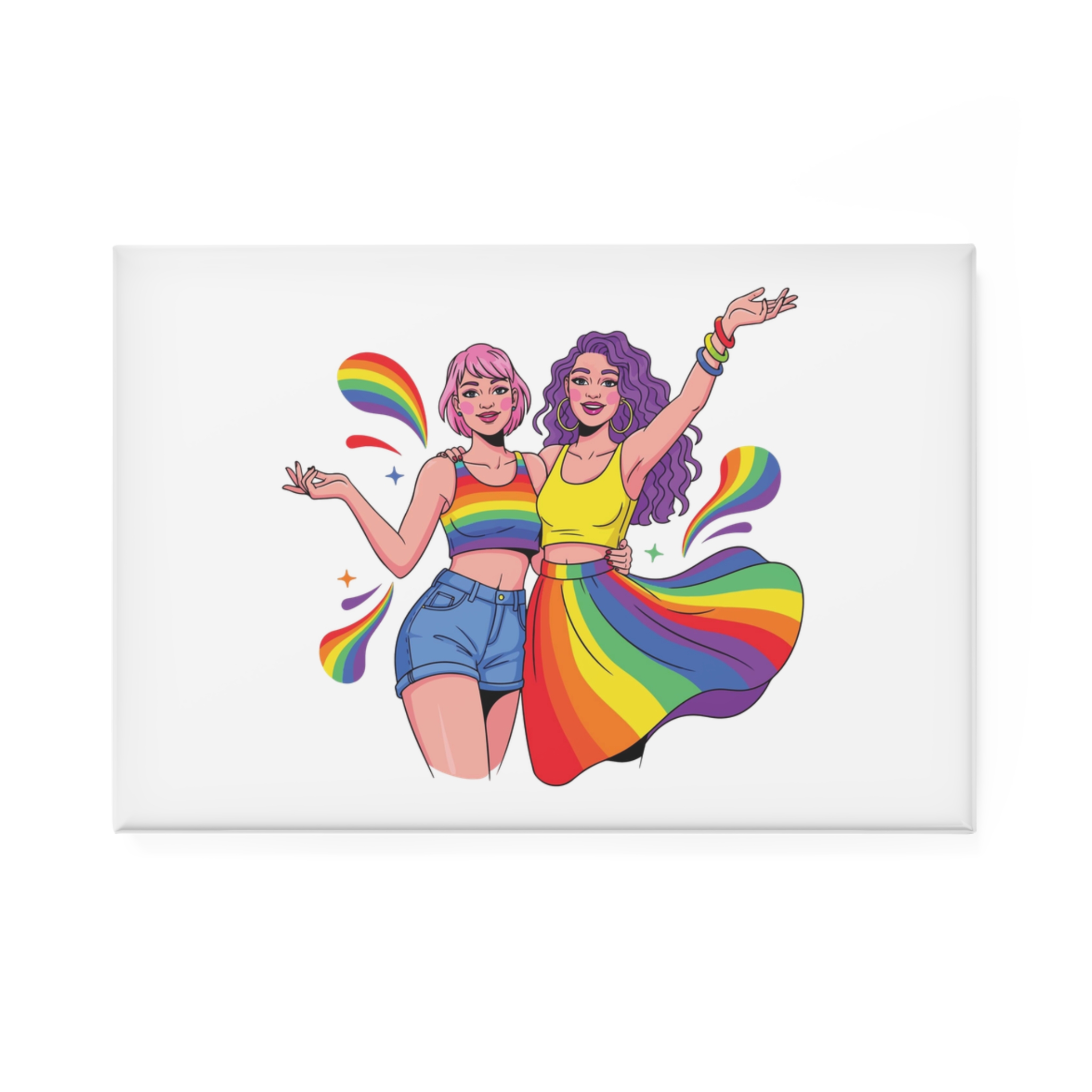 Two Happy Women Celebrating Diversity Pride With Rainbow Colors Splashes Button Magnet Rectangle 1 And 10 Pcs