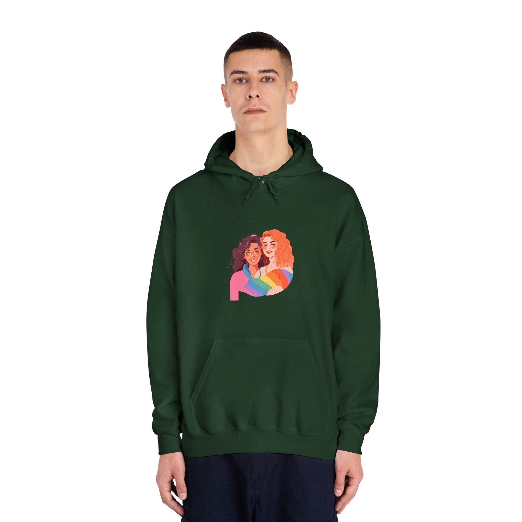 Portrait Lesbian Couple With Rainbow Flag Concept Lgbtq Illustration Couple Unisex Dryblend Hooded Sweatshirt - Image 23