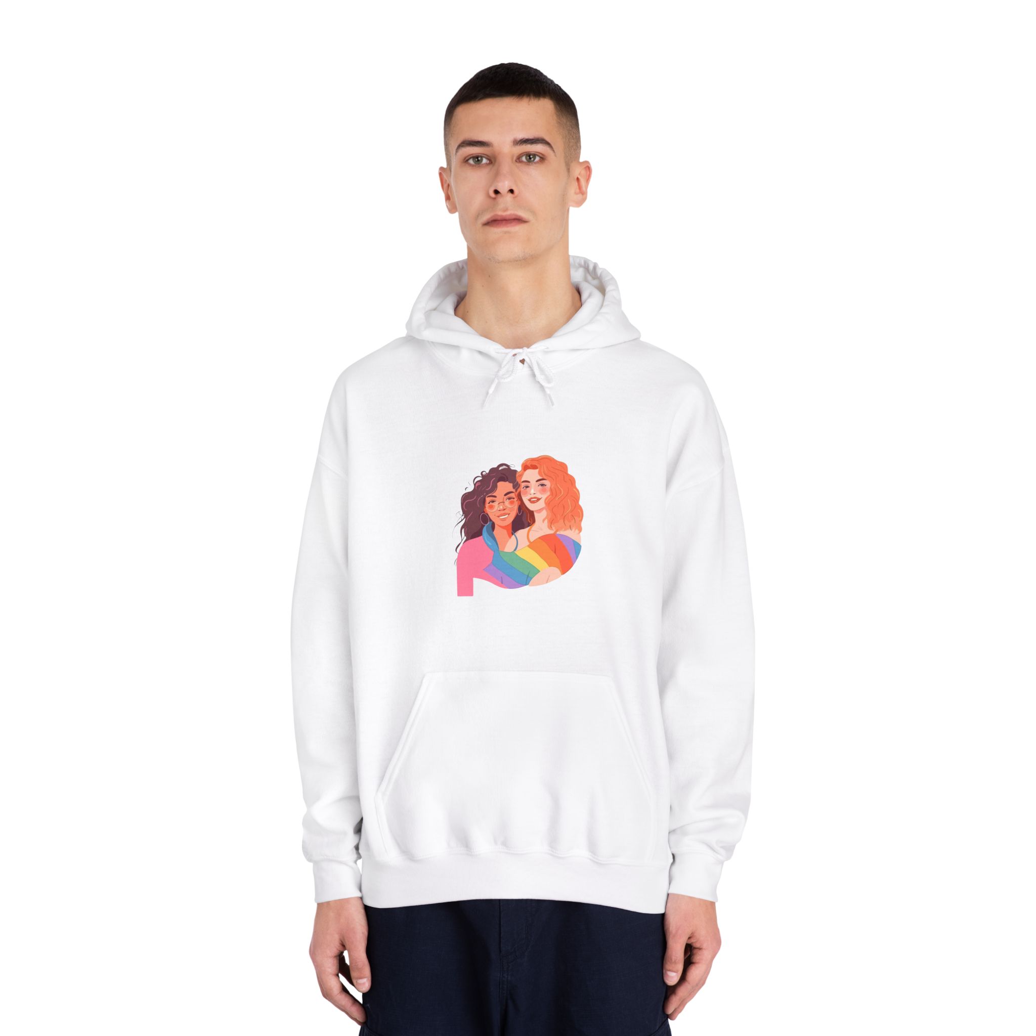 Portrait Lesbian Couple With Rainbow Flag Concept Lgbtq Illustration Couple Unisex Dryblend Hooded Sweatshirt - Image 3
