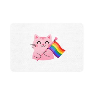 Cute Pink Cat With Rainbow Pride Flag Pet Food Mat 12x18