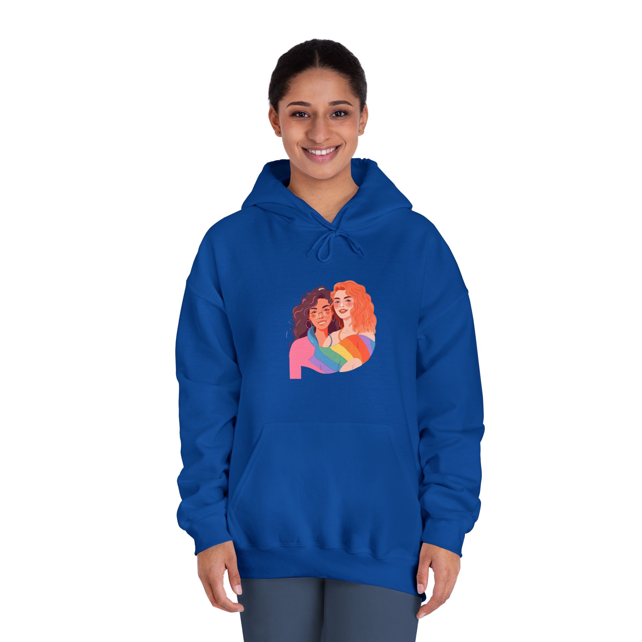 Portrait Lesbian Couple With Rainbow Flag Concept Lgbtq Illustration Couple Unisex Dryblend Hooded Sweatshirt - Image 28