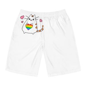 Kawaii Cat With Rainbow Heart Mens Board Shorts Aop