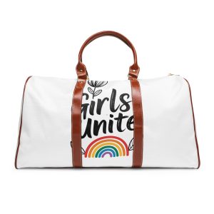 Empowering Girls Unite Slogan With Rainbow Floral Accents Waterproof Travel Bag