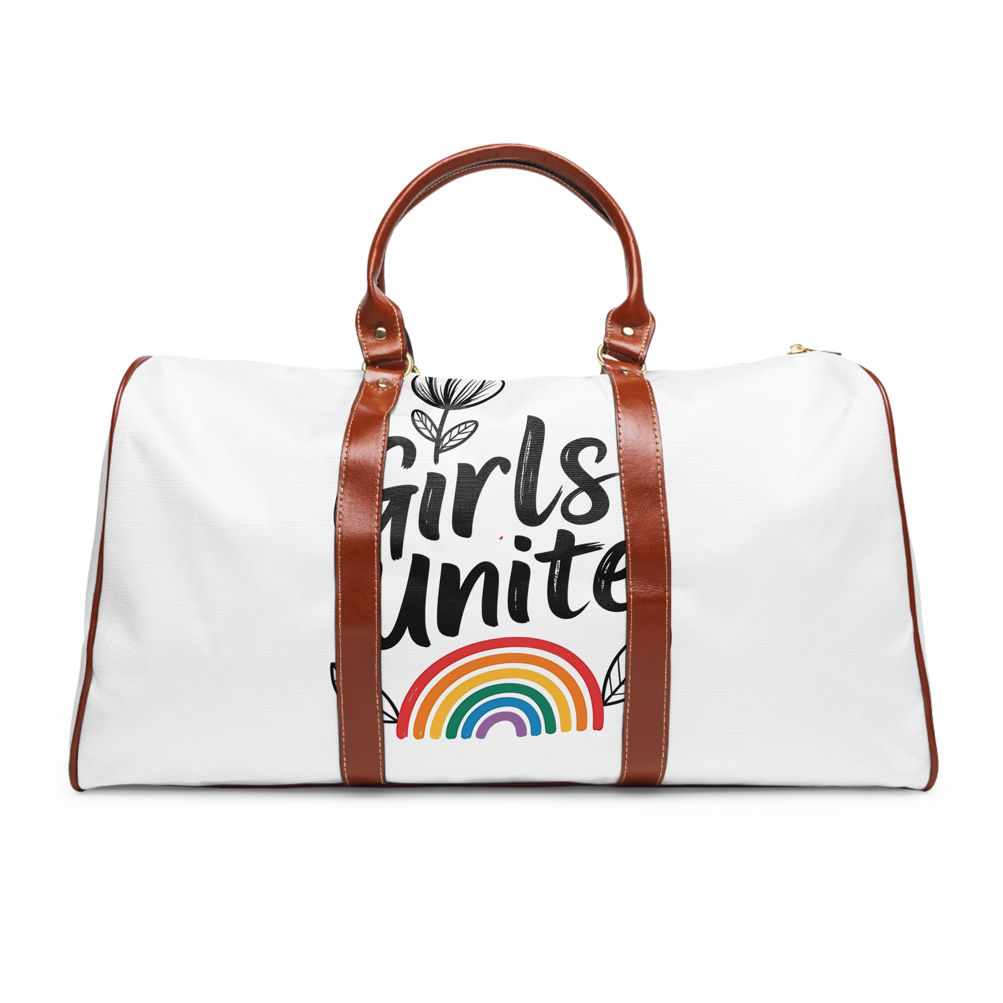 Empowering Girls Unite Slogan With Rainbow Floral Accents Waterproof Travel Bag