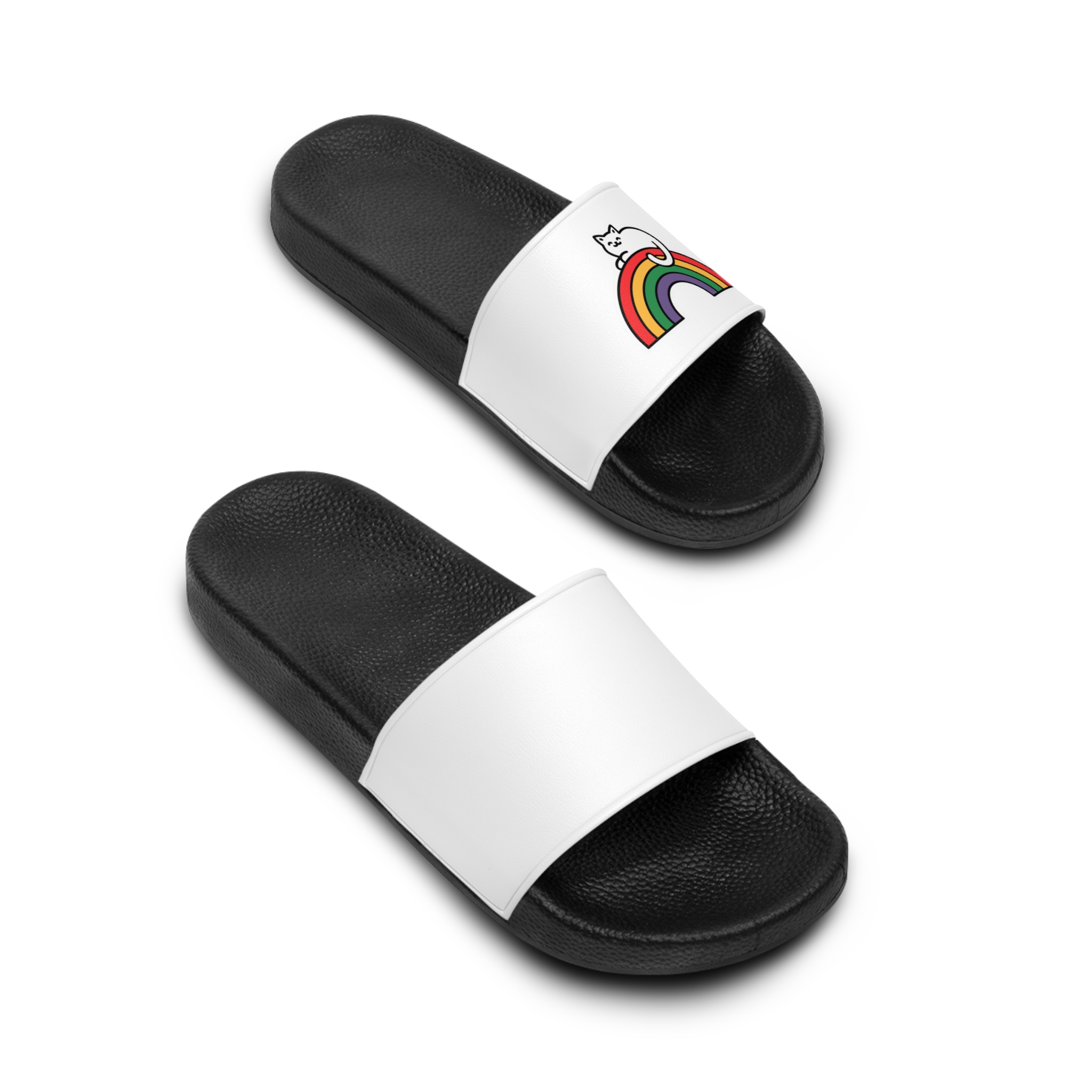 Cartoon Cat Lying Rainbow Illustration With Cheerful Expression Mens Slide Sandals - Image 4