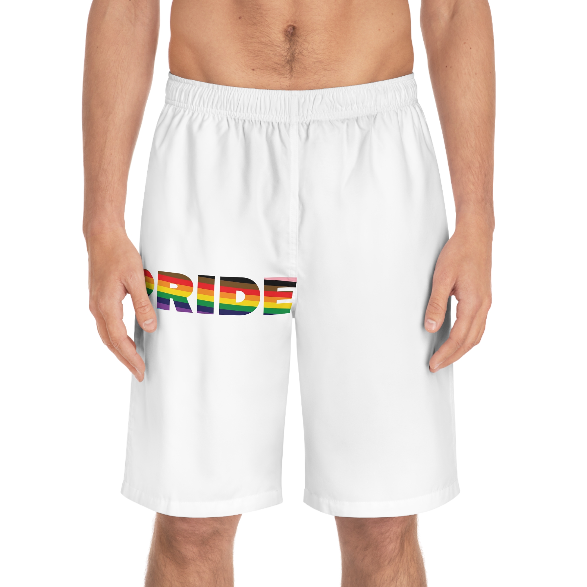 Large Bold Pride Letters Infused With Progress Rainbow Flag Colors Represent Lgbtqia Mens Board Shorts Aop - Image 3