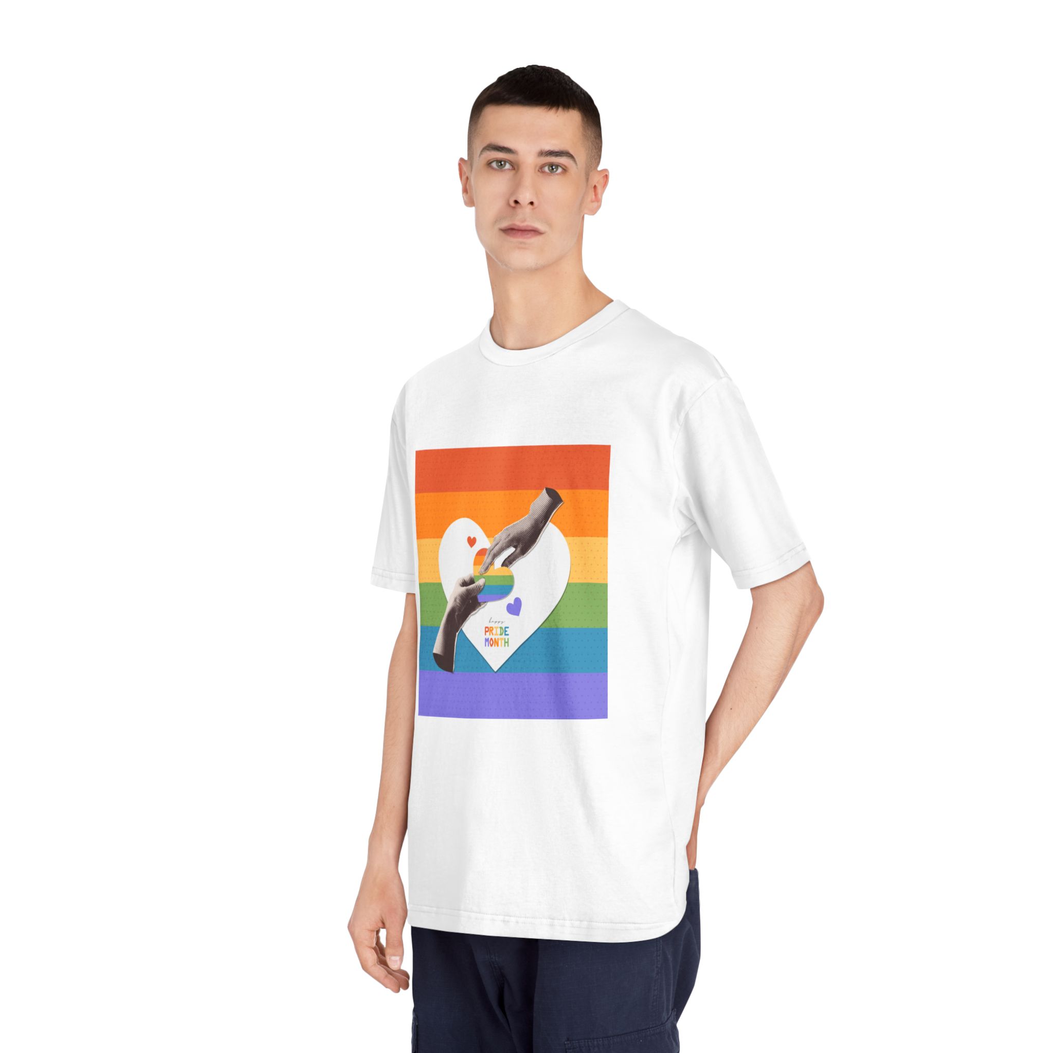 Retro Nostalgic Banner Pride Month Halftone Hands Holding Striped Heart Vintage Collage With - Unisex Classic Crewneck T Shirt - Image 4