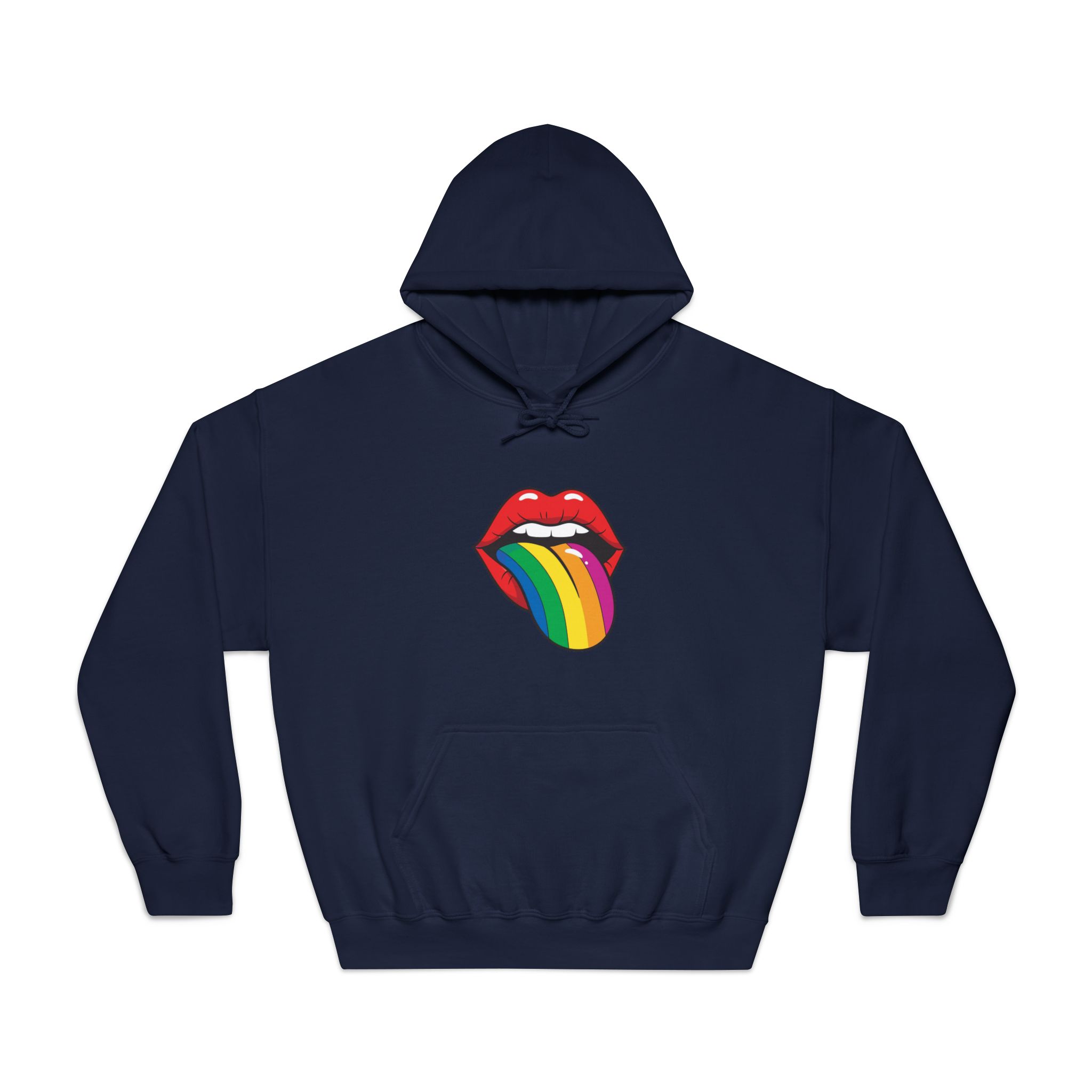 Pop Art Illustration Open Red Lips With Long Colorful Rainbow Tongue Sticking Out Now Unisex Dryblend Hooded Sweatshirt - Image 29