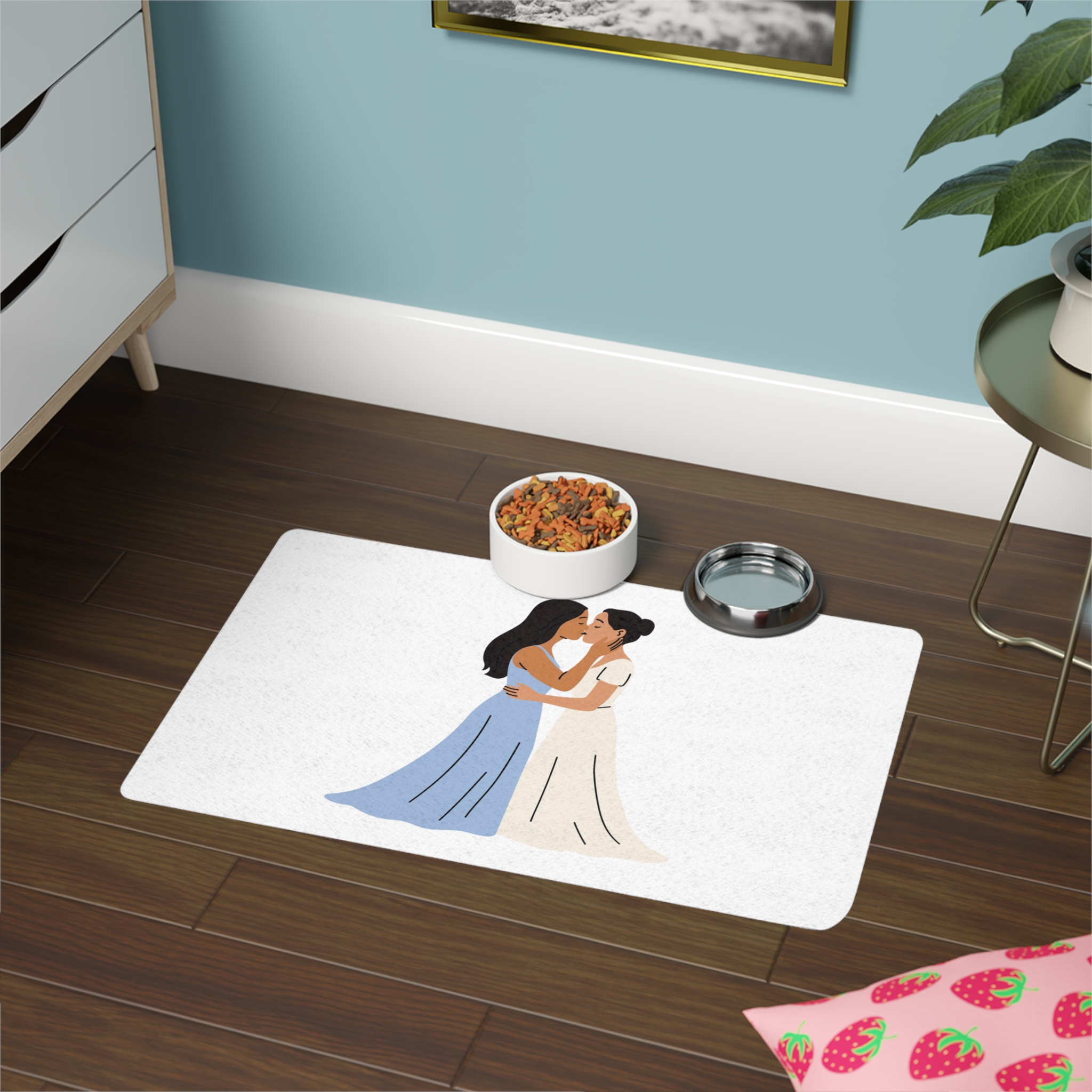 Romantic Lesbian Couple Kissing Wedding Dresses Pet Food Mat 12x18 - Image 4
