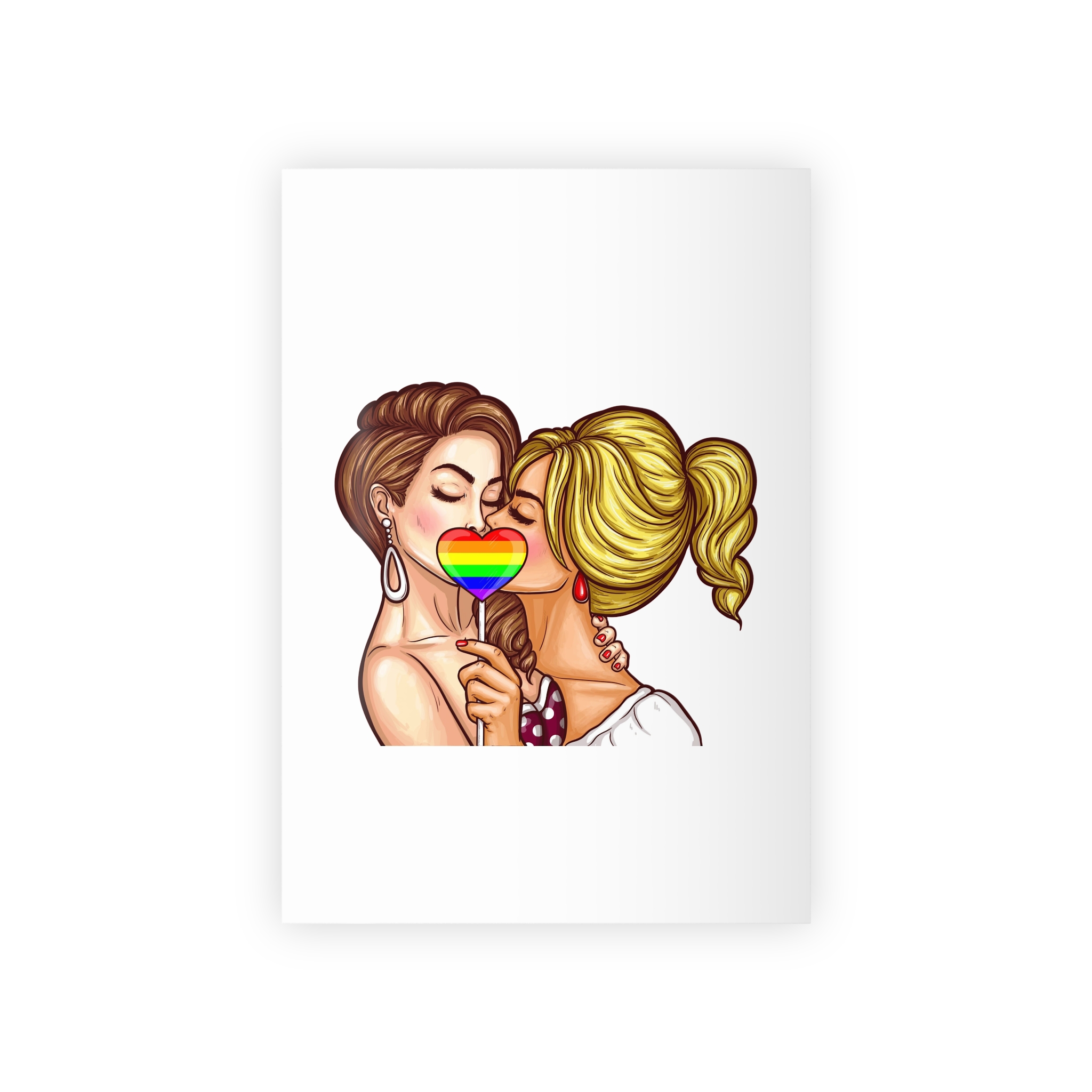 Vector Pop Art Lesbian Couple Kissing Covering Their Lips With Sign Stick Form Rainbow Heart Gift Wrapping Paper Rolls 1pc
