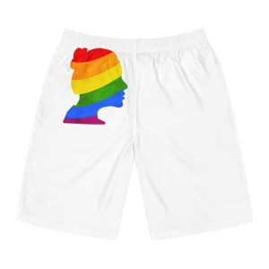 Black Detailed Realistic Girls Face Profile With Lgbt Pride Flag Isolated White Mens Board Shorts Aop
