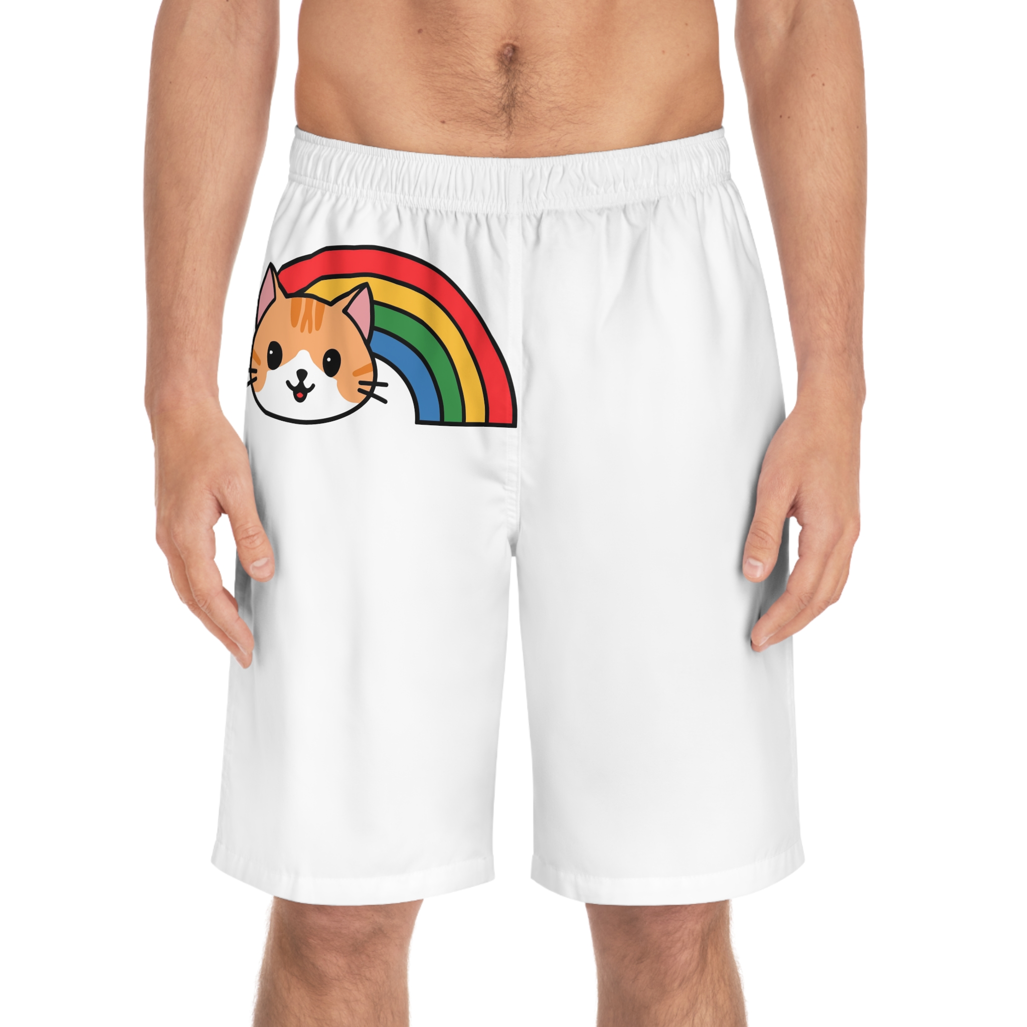 Cartoon Cat Head Illustration With Rainbow Happy Expression Mens Board Shorts Aop - Image 3