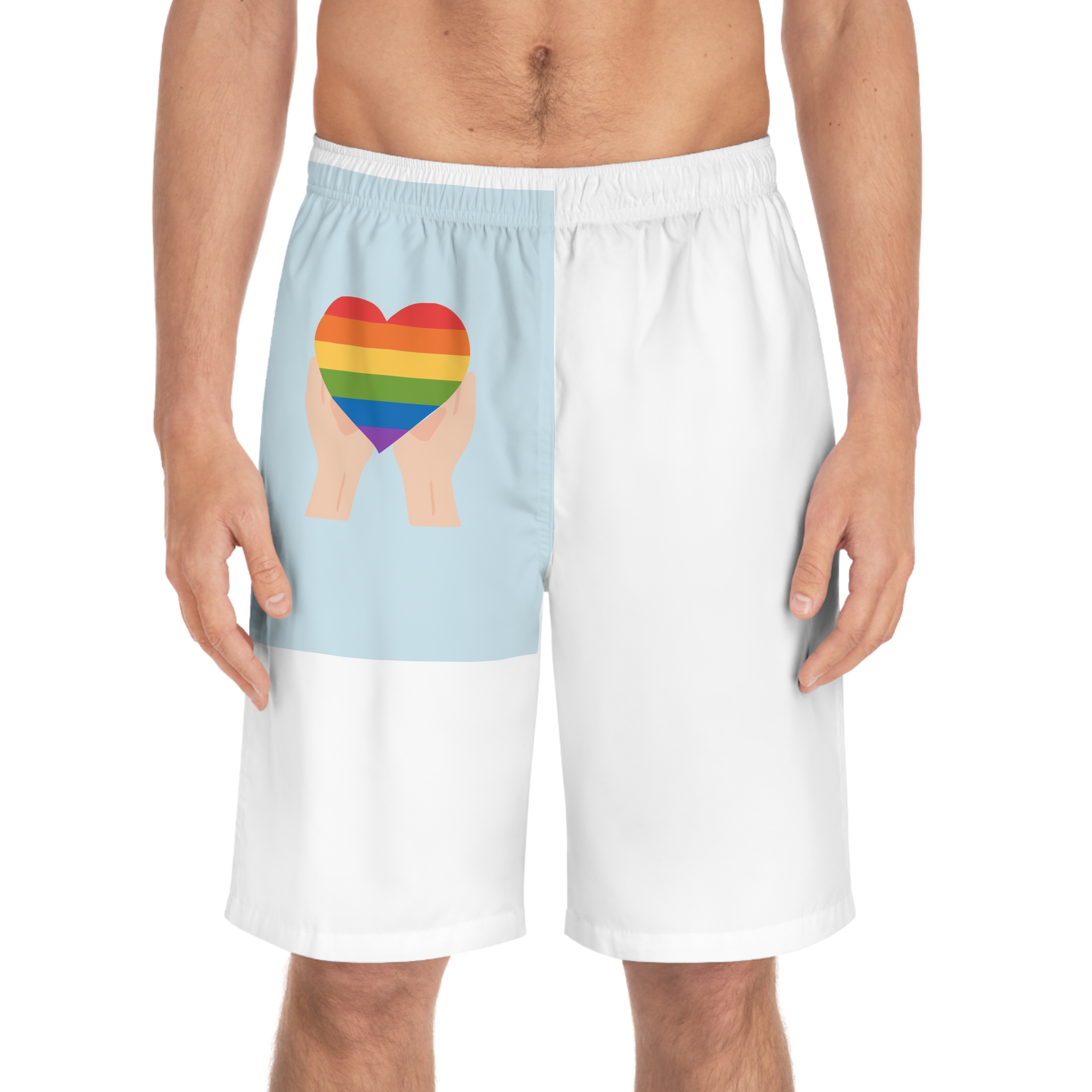 Pride Lgbt Card Support Love Poster That Says Rainbow Heart It Mens Board Shorts Aop - Image 3