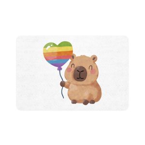 Capybara Holding Rainbow Heart Balloon Illustration Pet Food Mat 12x18