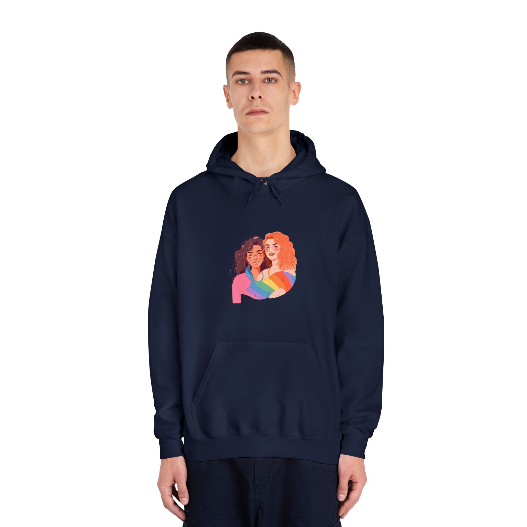 Portrait Lesbian Couple With Rainbow Flag Concept Lgbtq Illustration Couple Unisex Dryblend Hooded Sweatshirt - Image 31