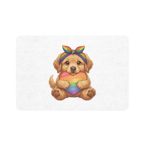 Cute Puppy Holding Rainbow Heart Pride Month Tshirt Design Pet Food Mat 12x18