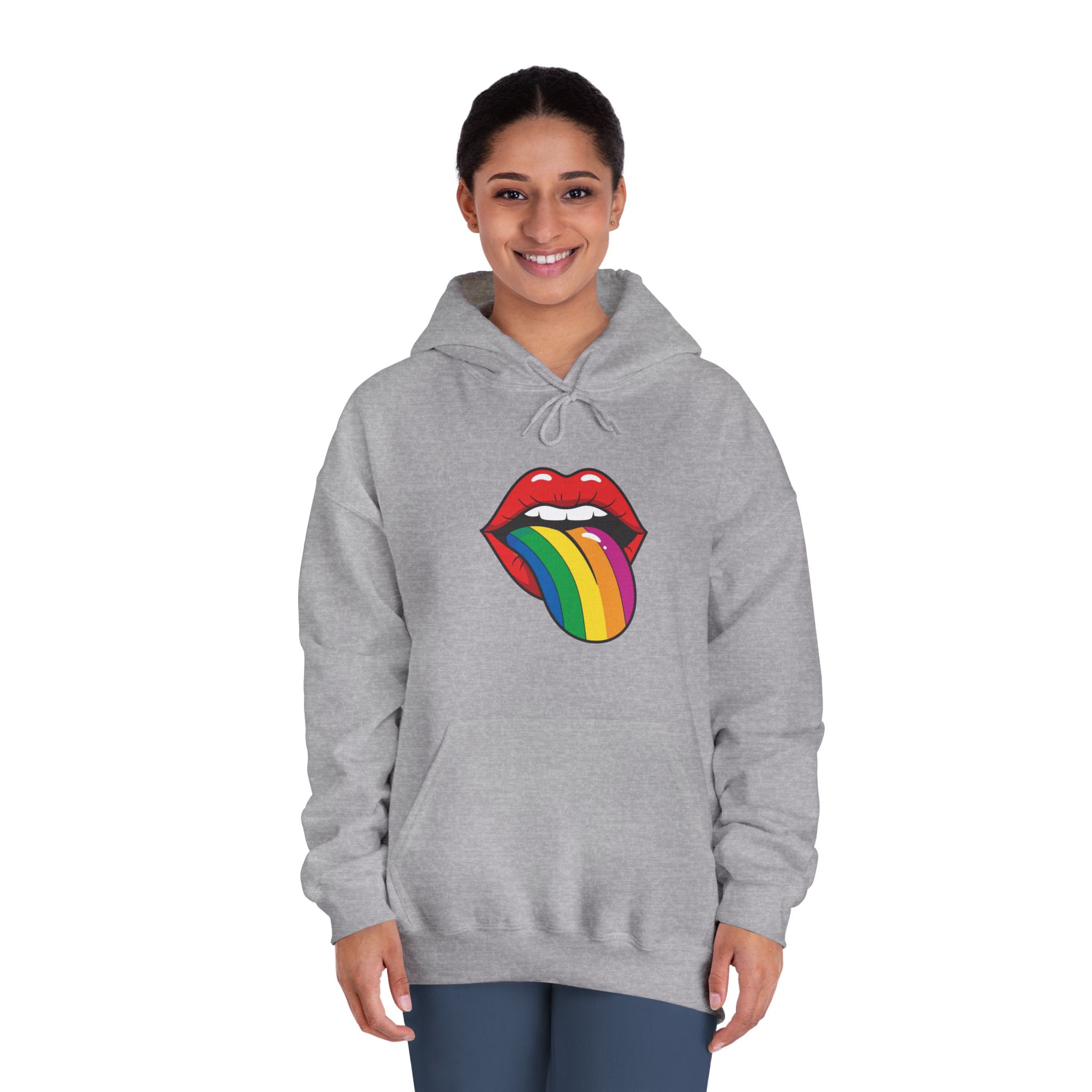 Pop Art Illustration Open Red Lips With Long Colorful Rainbow Tongue Sticking Out Now Unisex Dryblend Hooded Sweatshirt - Image 16
