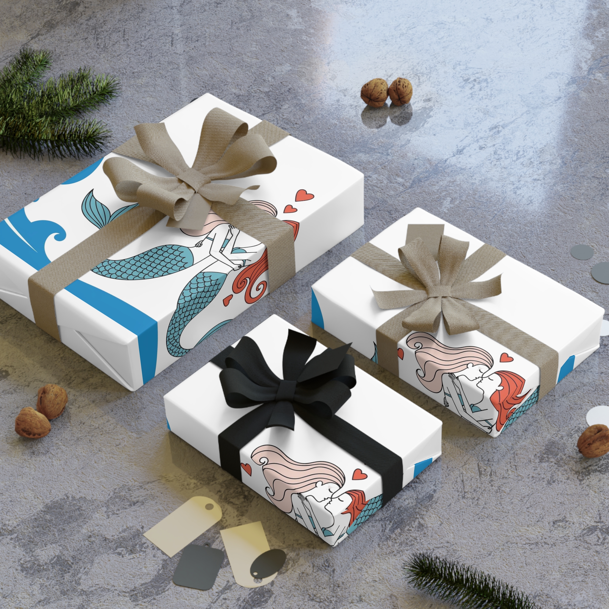 Two Mermaids Love With Hearts Their Heads Gift Wrapping Paper Rolls 1pc - Image 4