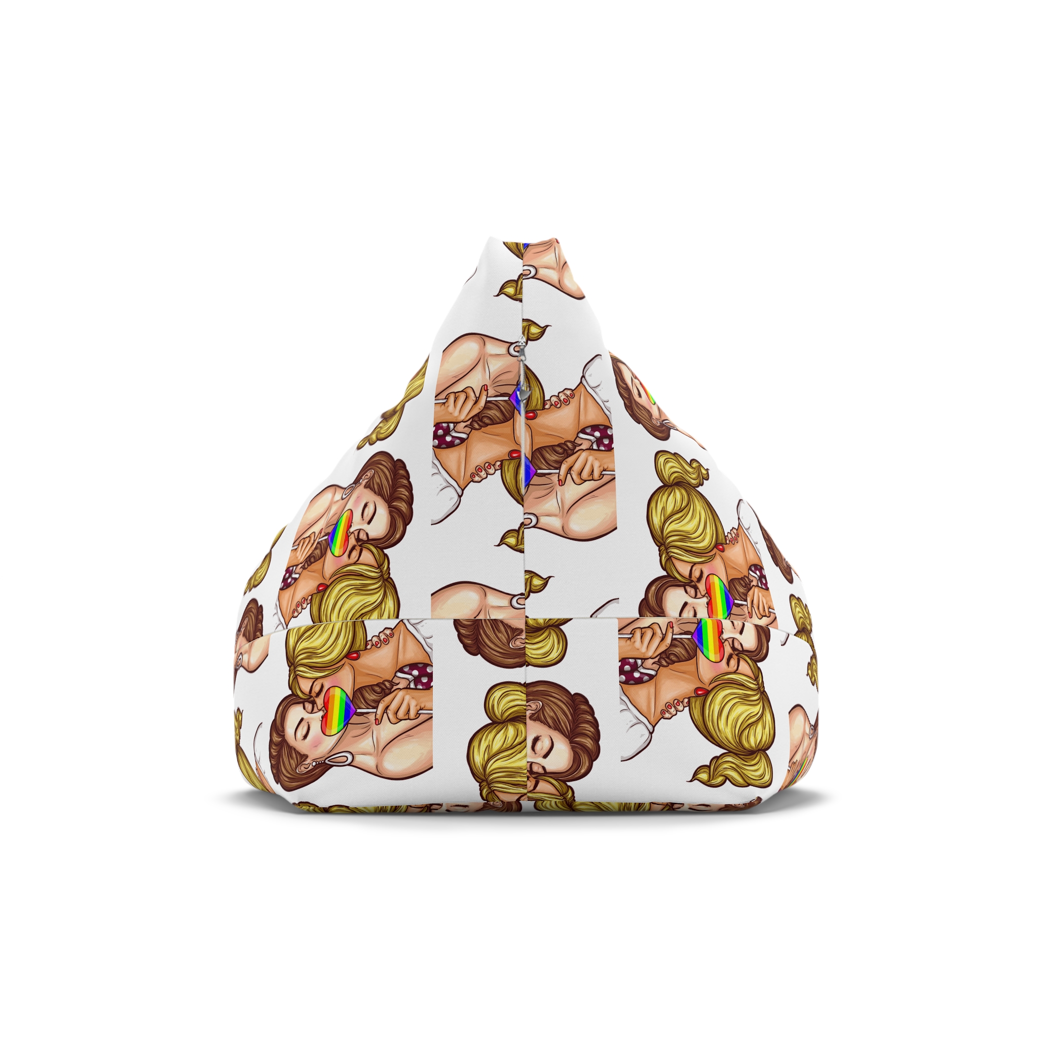 Vector Pop Art Lesbian Couple Kissing Covering Their Lips With Sign Stick Form Rainbow Heart Bean Bag Chair Cover - Image 2
