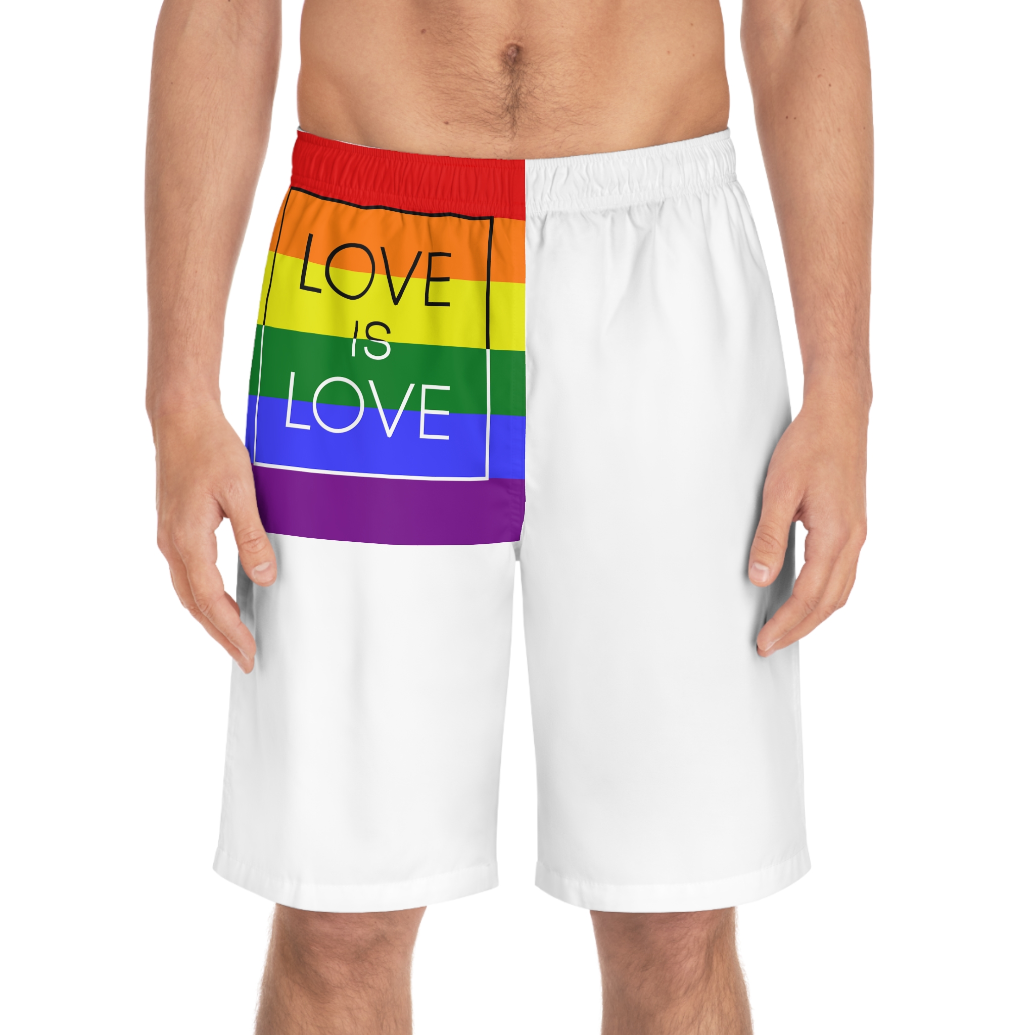 Lgbt Card Text Love Is Love Background Flag Colors Vector Illustration Mens Board Shorts Aop - Image 3