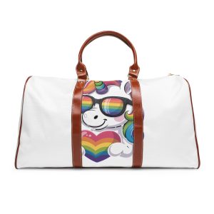 Cute Unicorn With Rainbowcolored Mane Tail Is Wearing Black Sunglassesnbow Stripes Waterproof Travel Bag