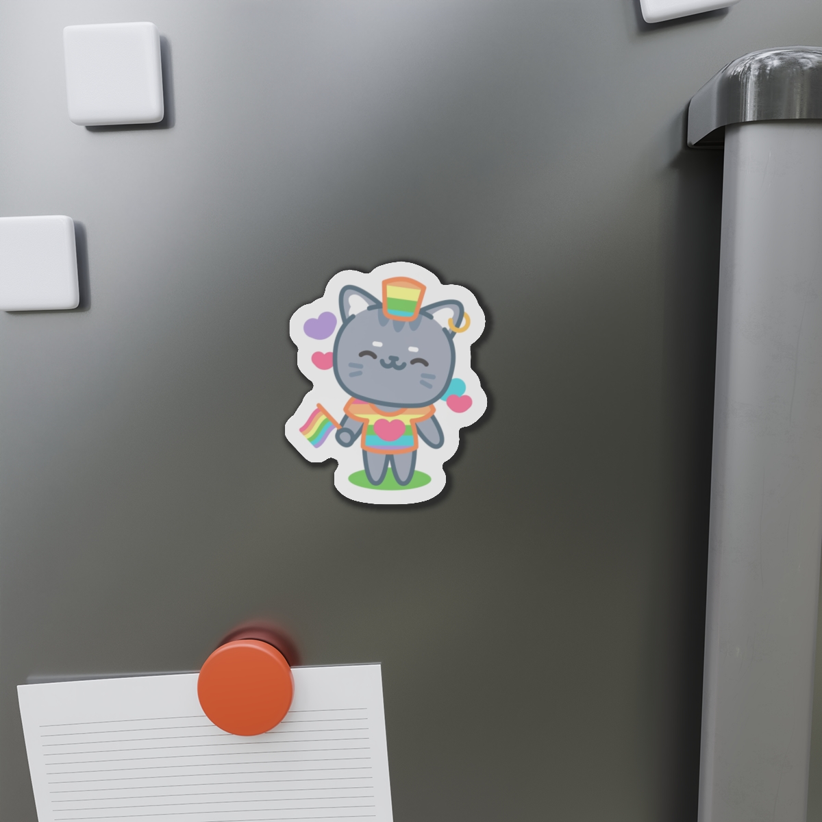 Cute Grey Cat With Rainbow Pride Flag Heart Illustration Die Cut Magnets - Image 8