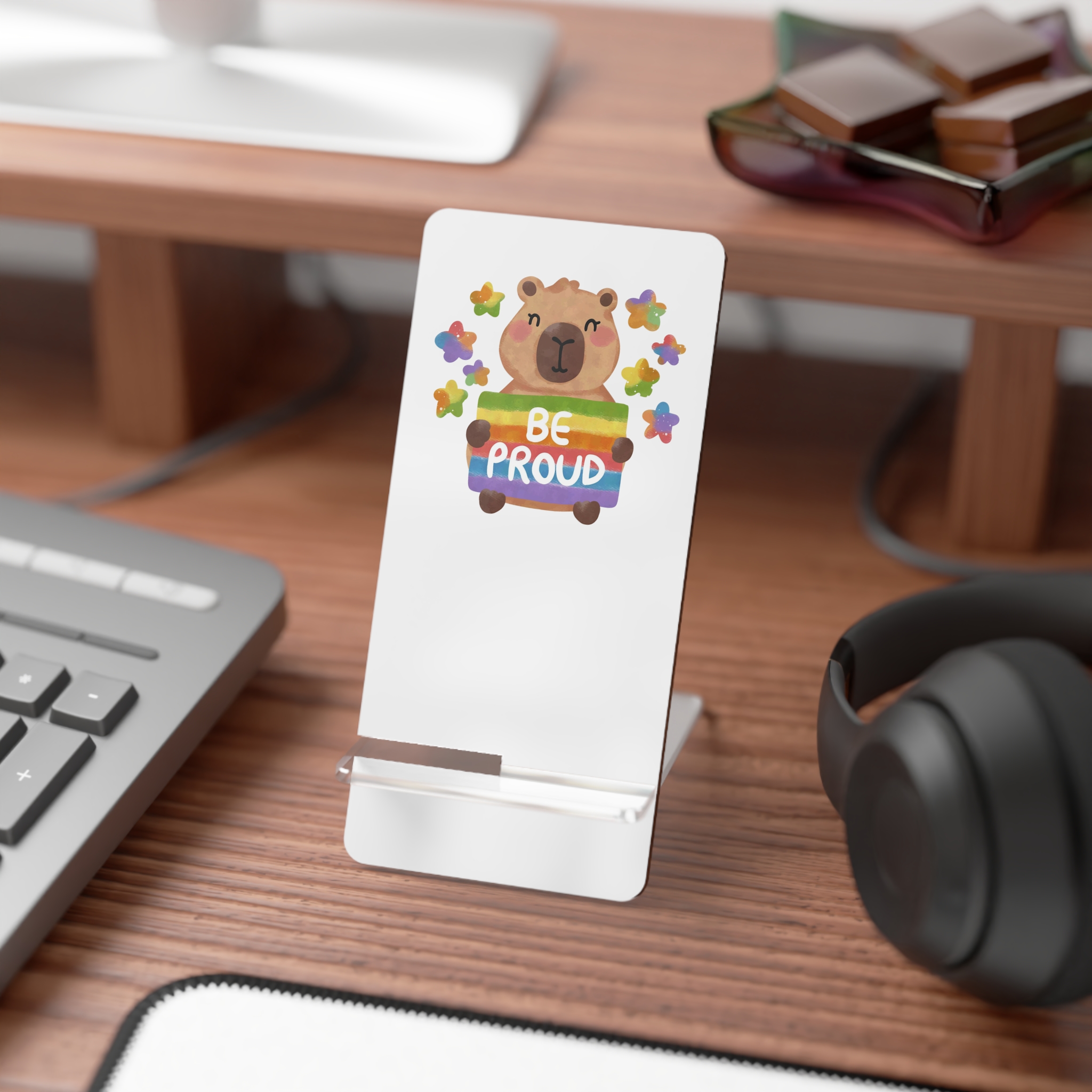 Cute Capybara Holding Be Proud Rainbow Flag Illustration Mobile Display Stand For Smartphones - Image 3