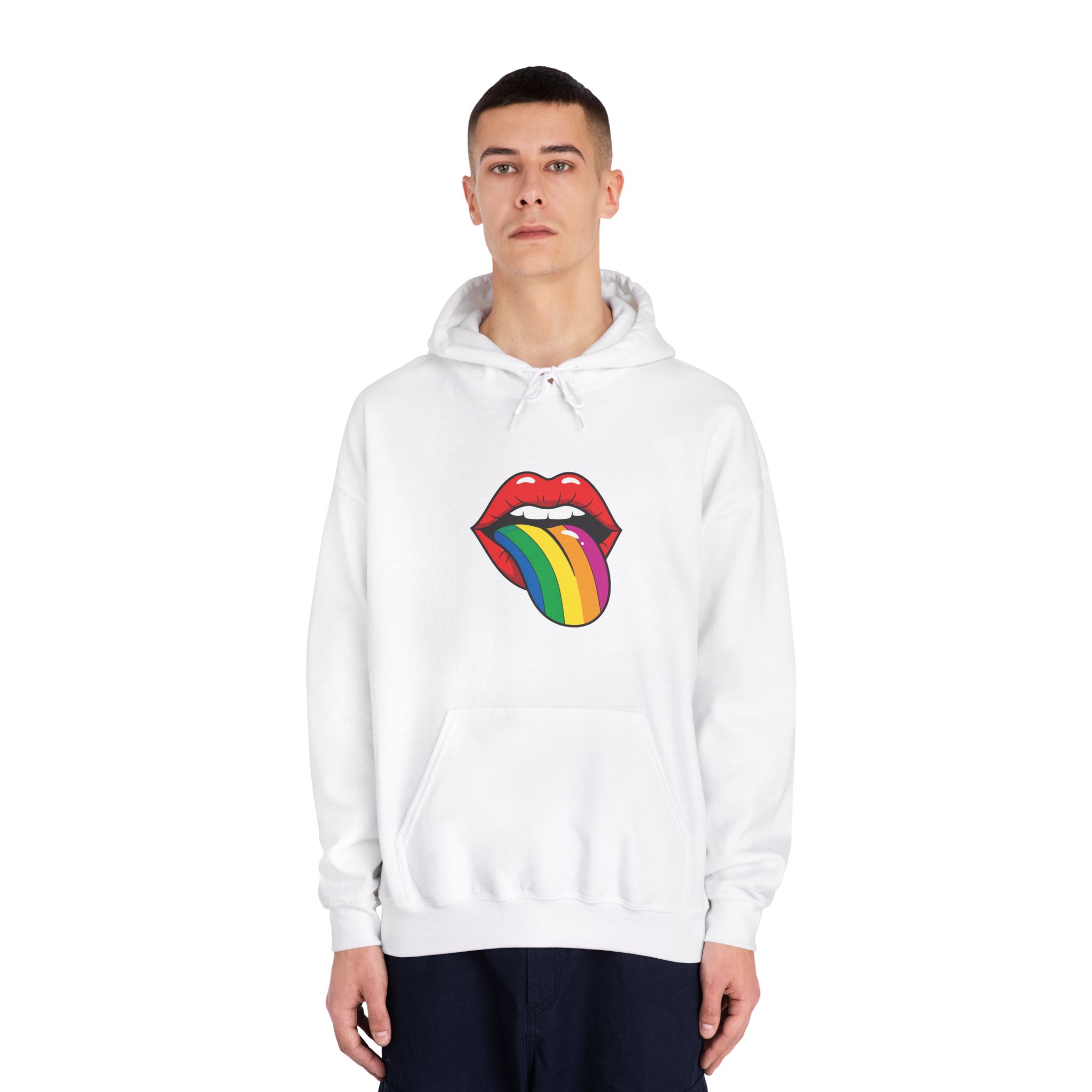 Pop Art Illustration Open Red Lips With Long Colorful Rainbow Tongue Sticking Out Now Unisex Dryblend Hooded Sweatshirt - Image 3