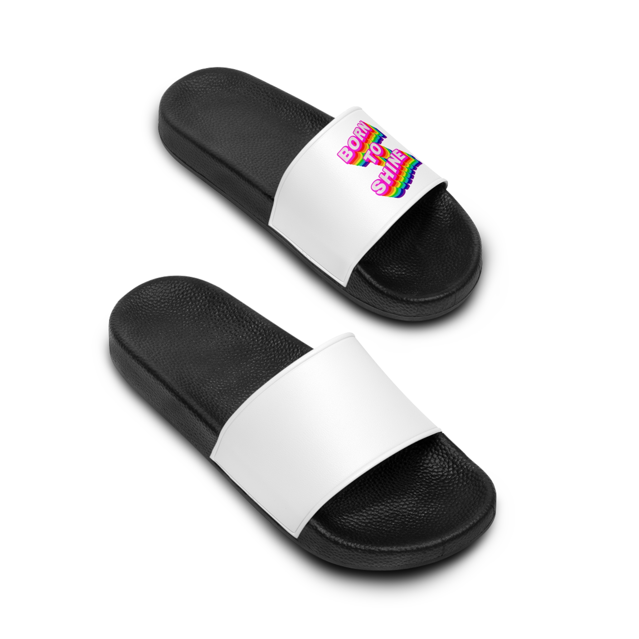 Rainbow Word Born Shine Typography Design Element Mens Slide Sandals - Image 4