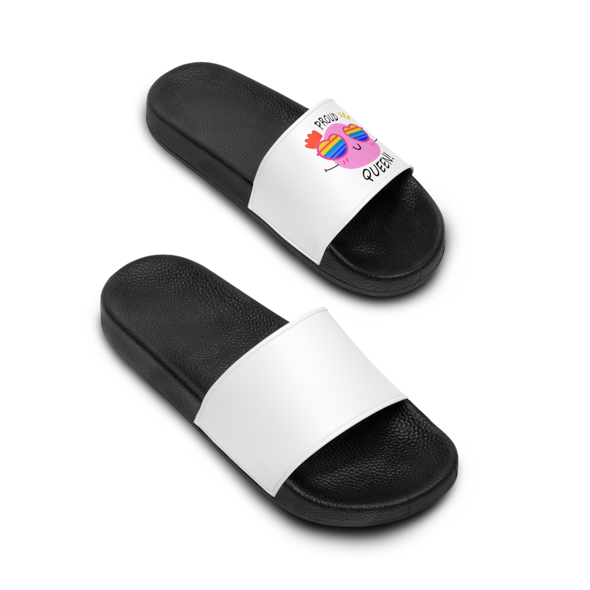 Pink Blob With Rainbow Heart Sunglasses Saying Proud Queen Flat Sticker Mens Slide Sandals - Image 4