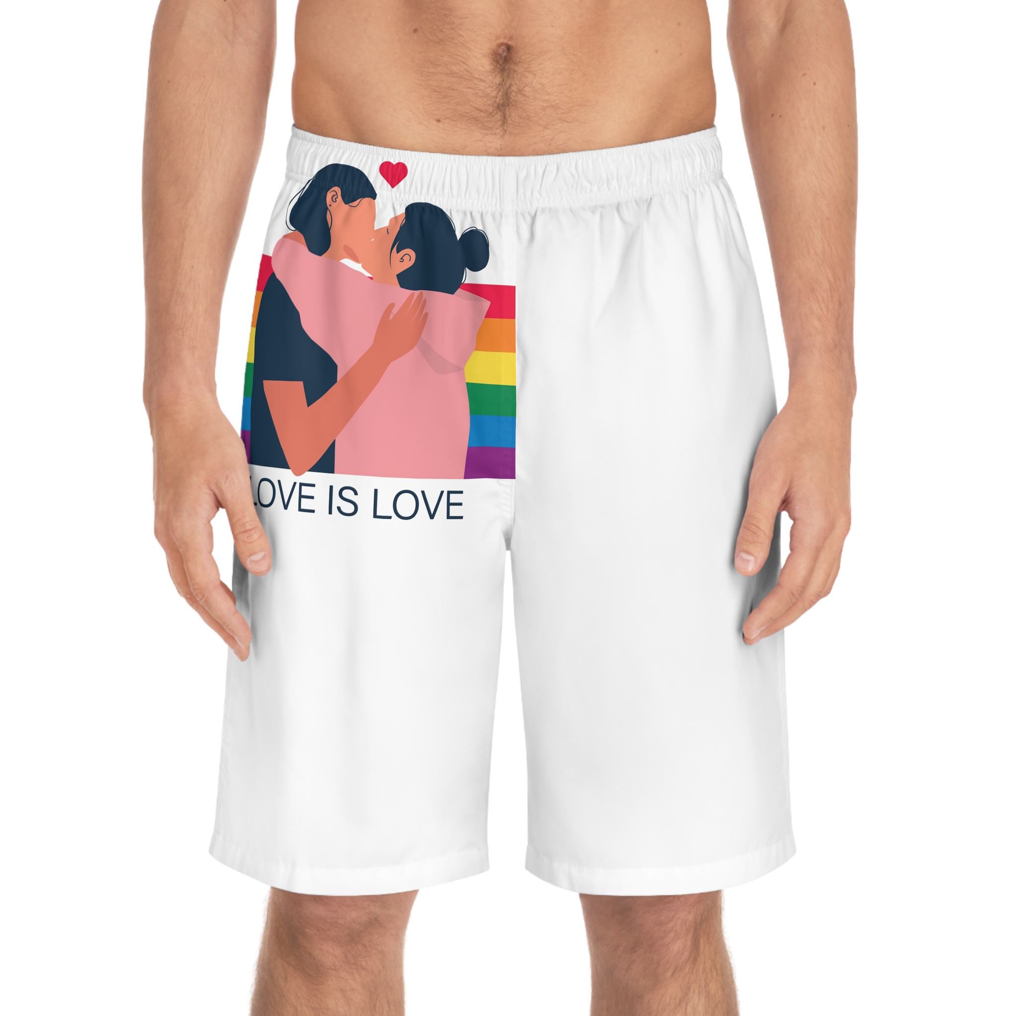 Lesbian Couple Kissing Hugging Rainbow Flag Love Is Love Mens Board Shorts Aop - Image 3